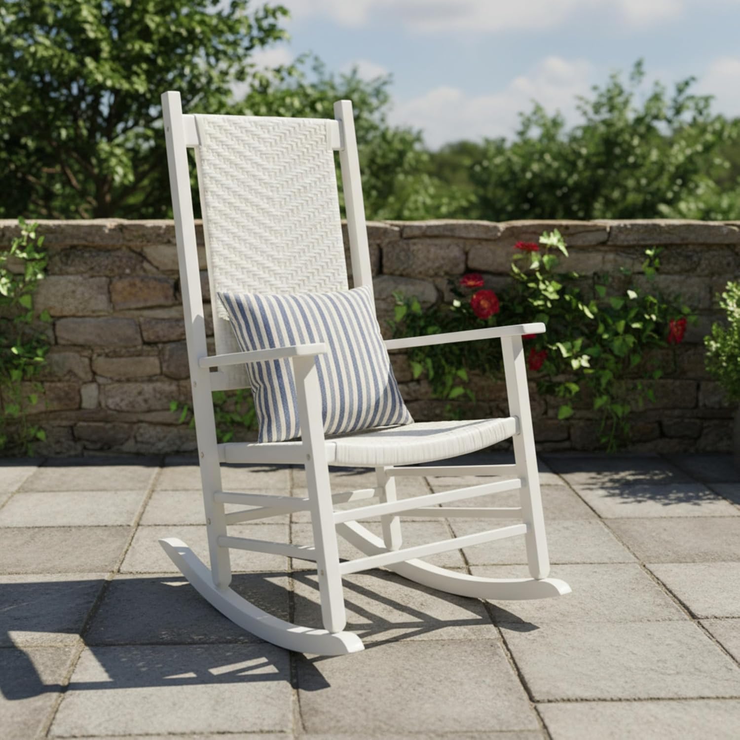 Shine Company Hampton Porch Rocker, High Back Wood Rocking Chair, Rattan Backrest & Seat, White