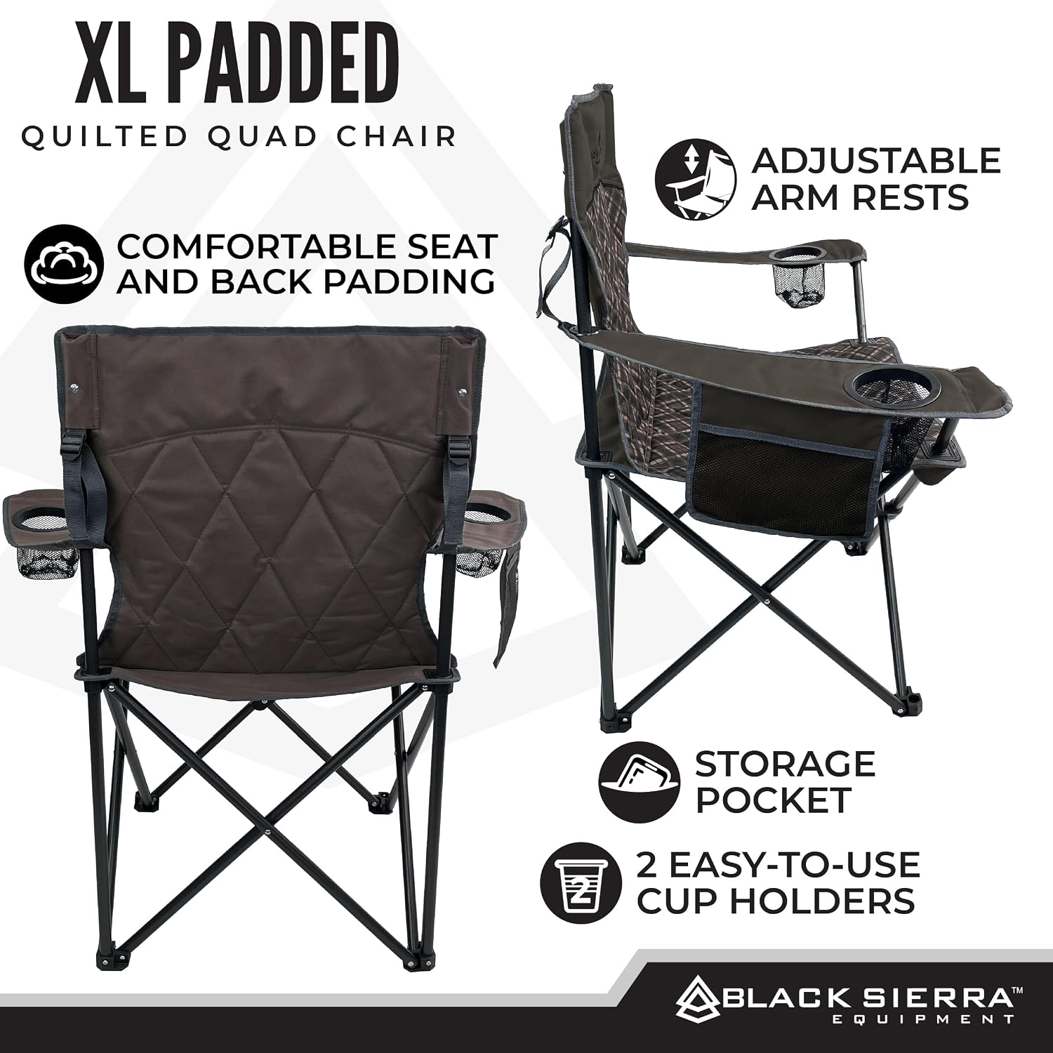 Black Sierra Quilted Padded Camping Chair, Oversized Heavy Duty Outdoor Lounge Seat Supports 300 lbs, Portable, Folding with Cup Holder for Beach, Tailgating, Sports, Patio