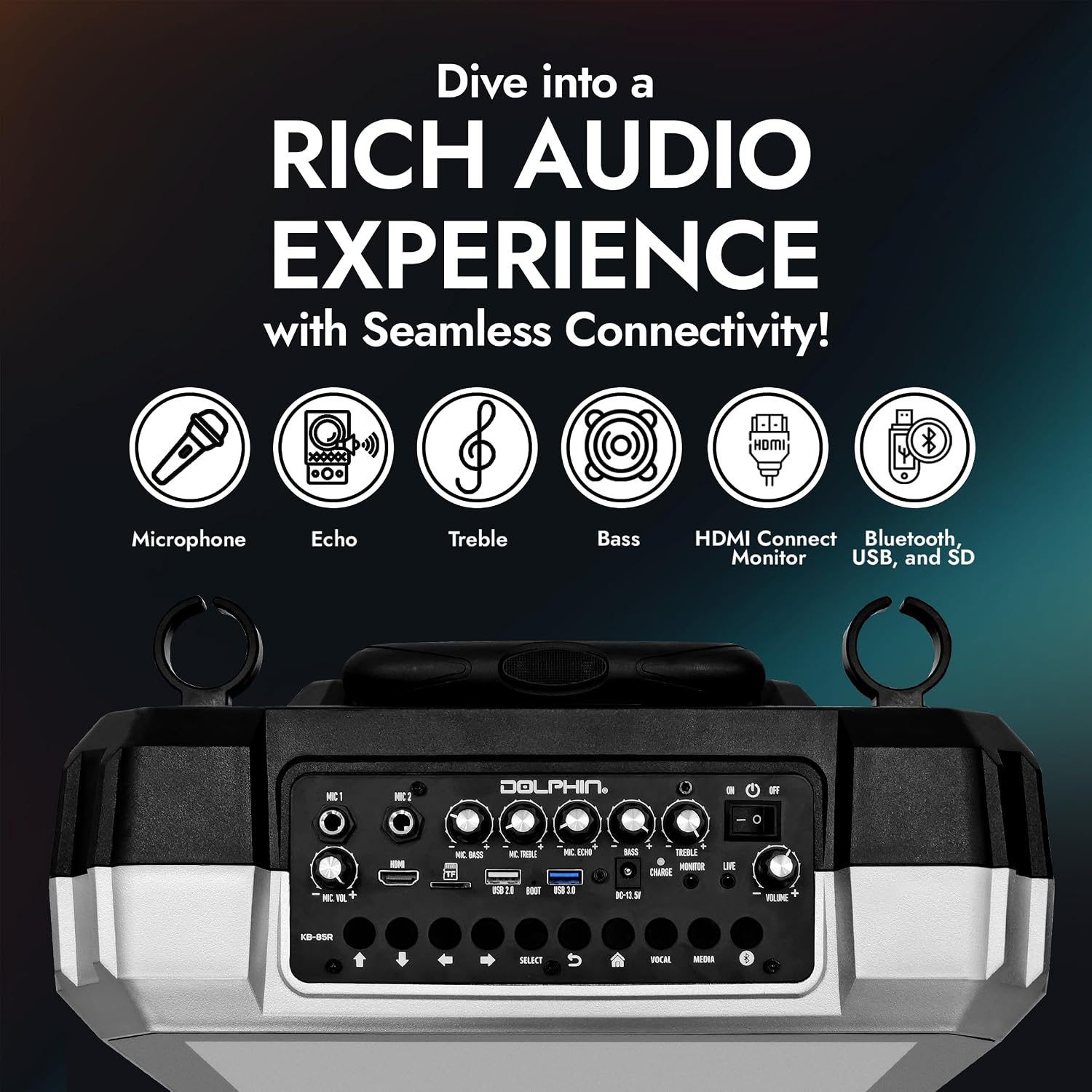 Dolphin KB-85R Karaoke Machine with Wireless Microphone, 8" Woofer | 14" Tablet, 100W RMS, 5400mAh Battery, Bluetooth, HDMI Output, USB, SD, FM