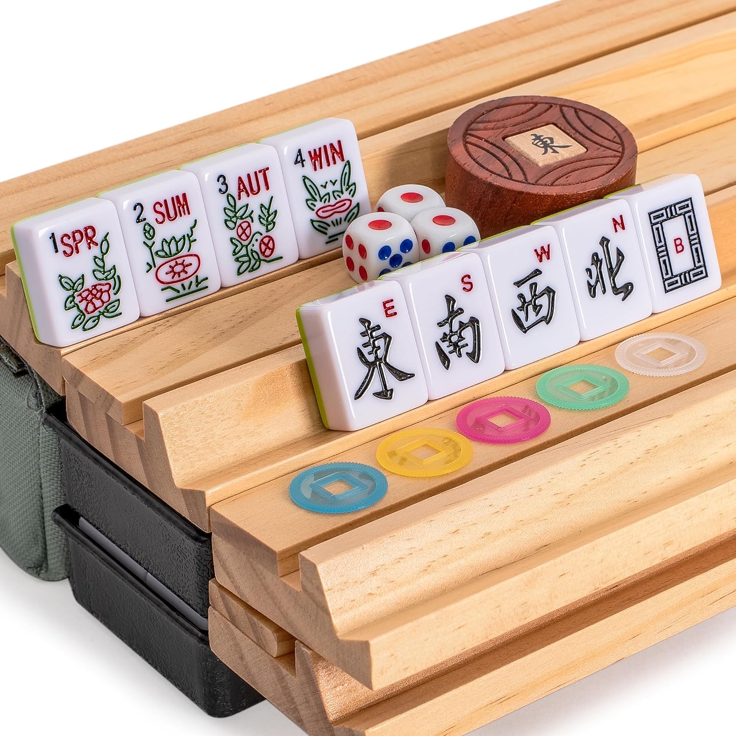 Yellow Mountain Imports American Mahjong Set, Mojave (Ivory) with Brown Soft Case, All-in-One Racks with Pushers, Wright Patterson Scoring Coins, Dice, & Wind Indicator