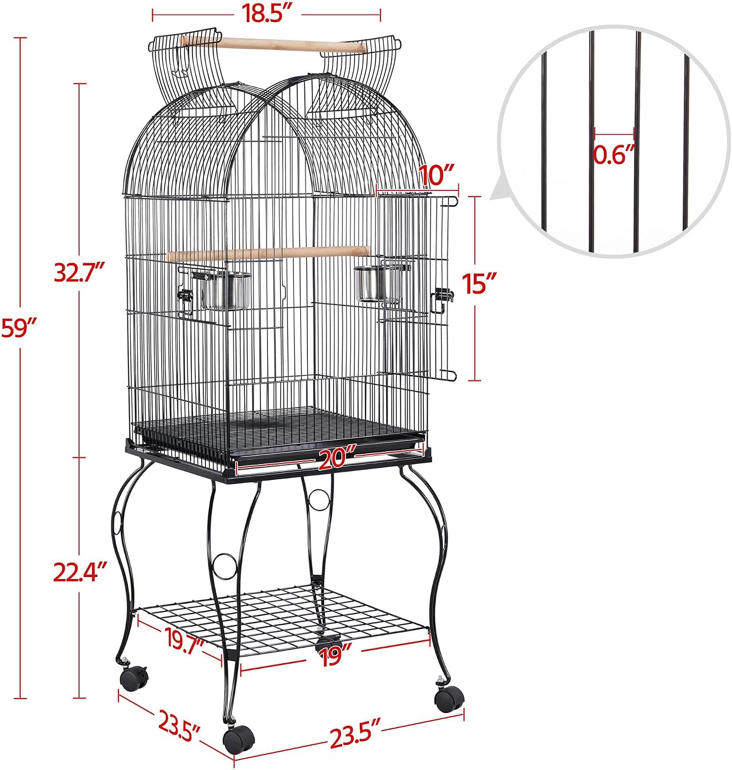 Yaheetech 59-Inch Rolling Standing Medium Dome Open Top Bird Cage for Parrots Cockatiels Sun Conures Parakeets Lovebirds Budgies Finches Canary Pet