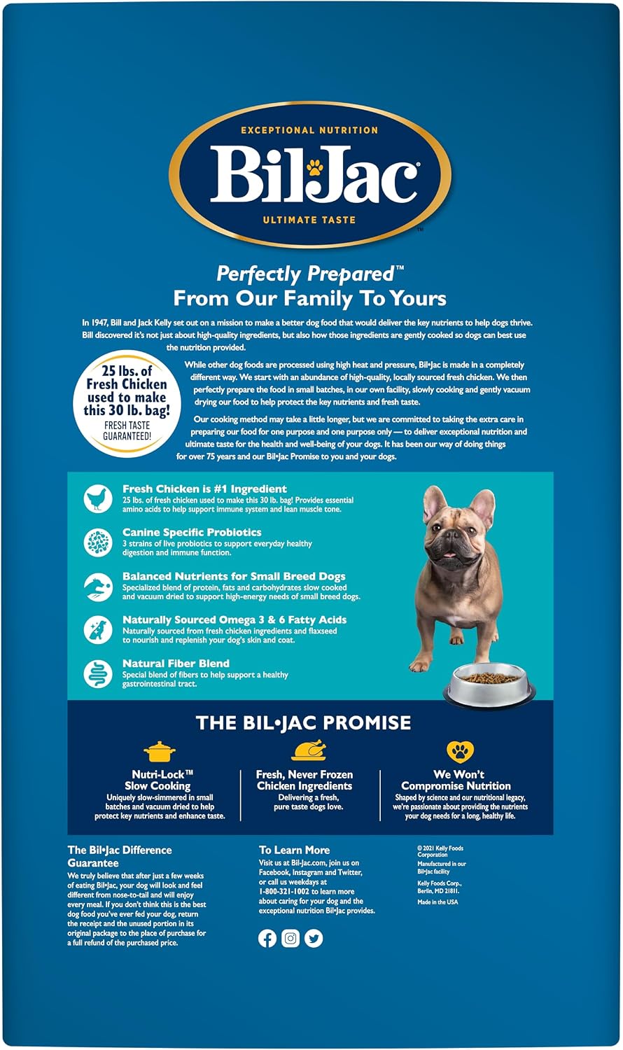 Bil-Jac Small Breed Adult Dry Dog Food with Chicken & Probiotics | 6 lb | Fresh Chicken Is #1 Ingredient with Easy-to-Chew Bites, Probiotics & Omega Fatty Acids for Energy, Digestion & Skin Health