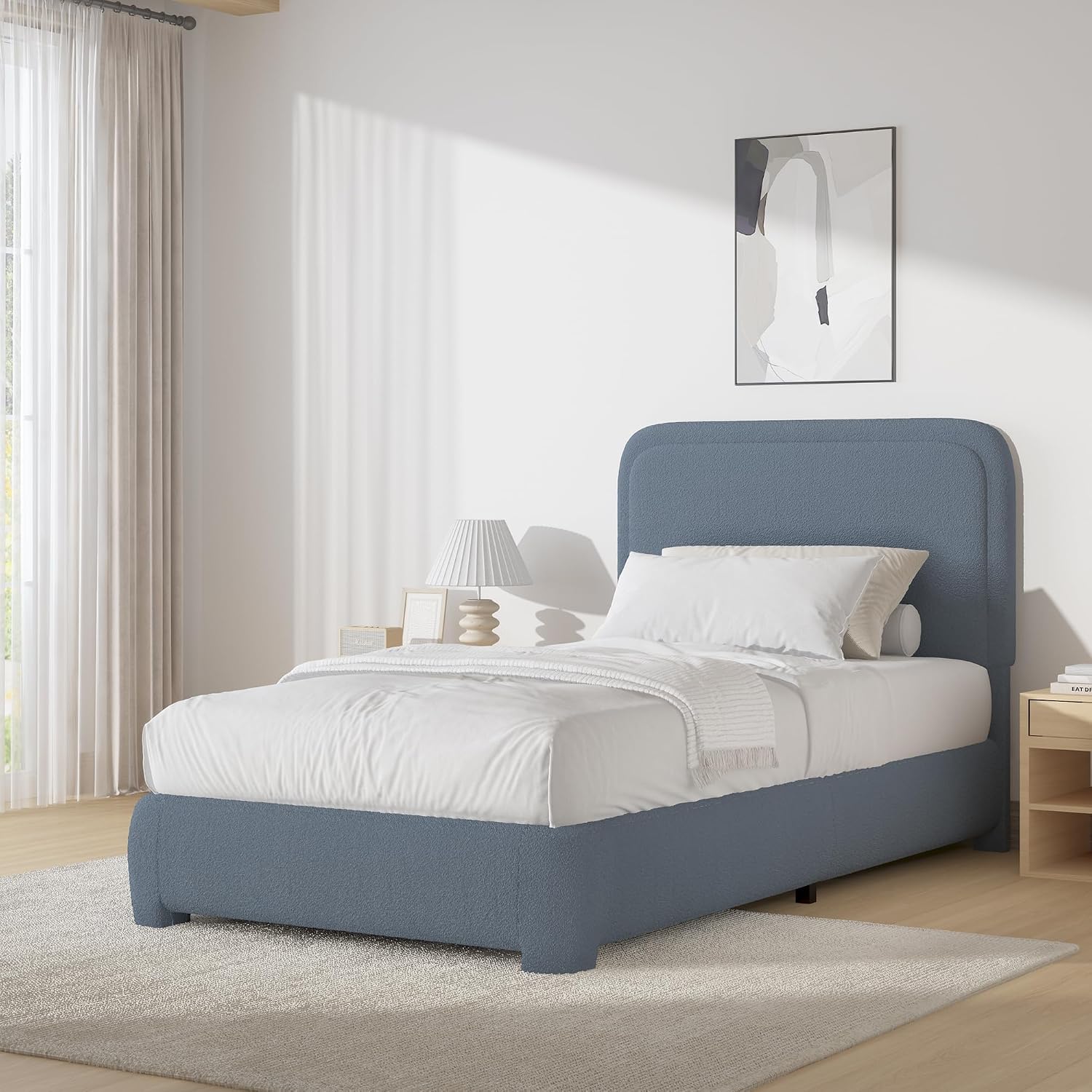 BarnFurin Full Bed Frame, Cloud Boucle Headboard, Rounded Corners, White | Soft boucle and rounded edges create a low-profile cloud look. Wooden slats support the mattress without a box spring