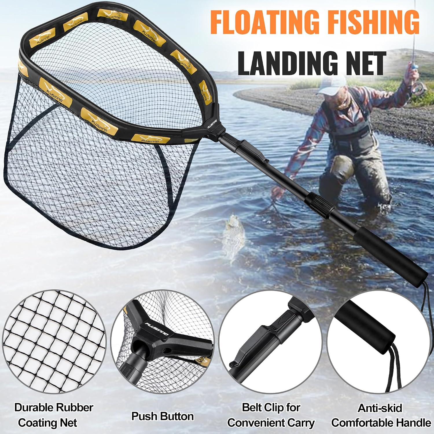 PLUSINNO Floating Fishing Net for Steelhead, Salmon, Fly, Kayak, Catfish, Bass, Trout Fishing