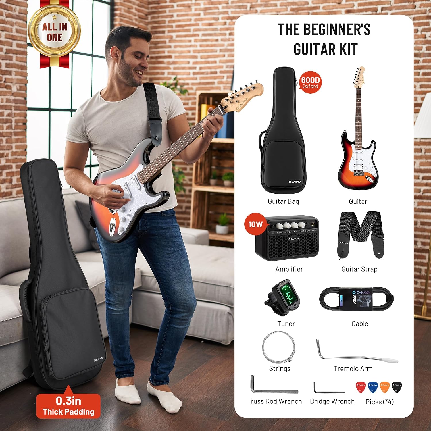 CAHAYA Electric Guitar Kit 39in - Full Size Electric Guitar Kit for Beginner Starter Poplar Solid Body with 10W Amplifier, Gig Bag, Strap, Tuner