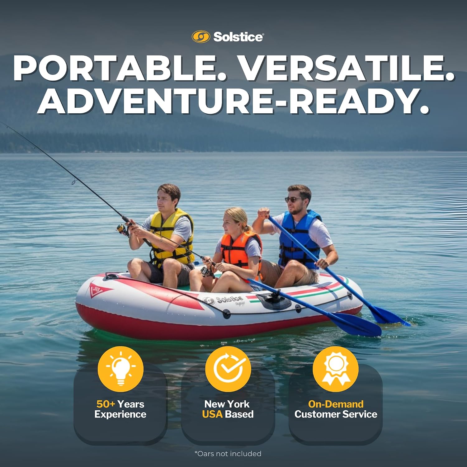 Solstice Voyager 4-Person Inflatable Fishing Boat with Dual Swivel Oar Locks and Rod -Holder, Motor Compatible 9' x 5'