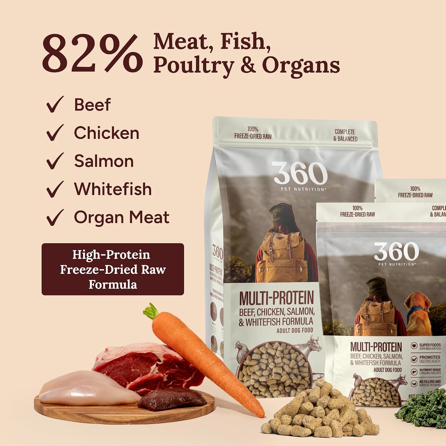 360 Pet Nutrition Freeze-Dried Raw Dog Food – Multi-Protein with Beef, Chicken, Fish, Liver & Organs