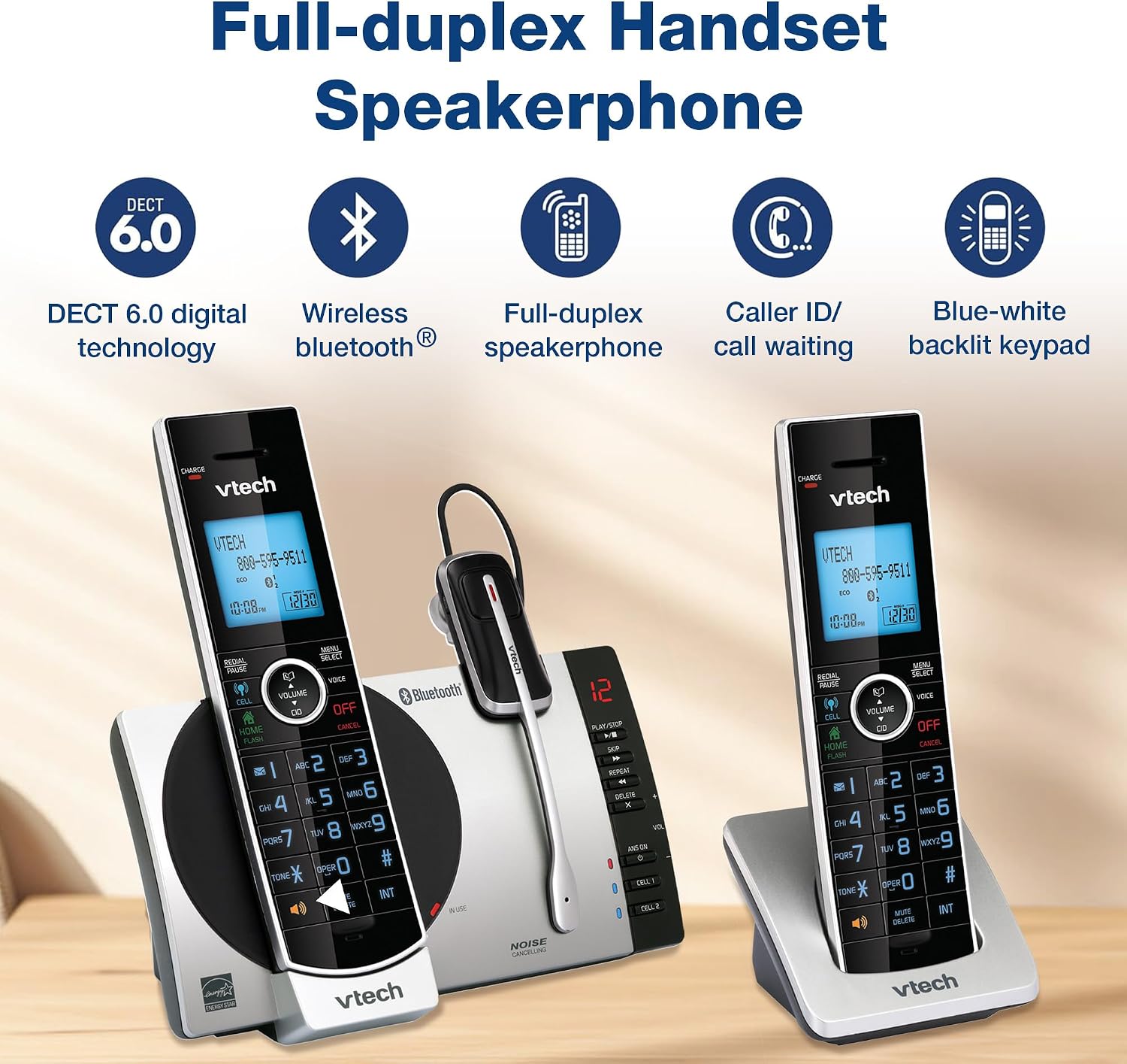 VTech DS6771-3 Connect to Cell, Cordless Phone with Answering Machine, DECT 6.0 Headset+2 Handset Intercom, Bluetooth, Caller ID/Call Waiting, Expandable System - Silver/Black