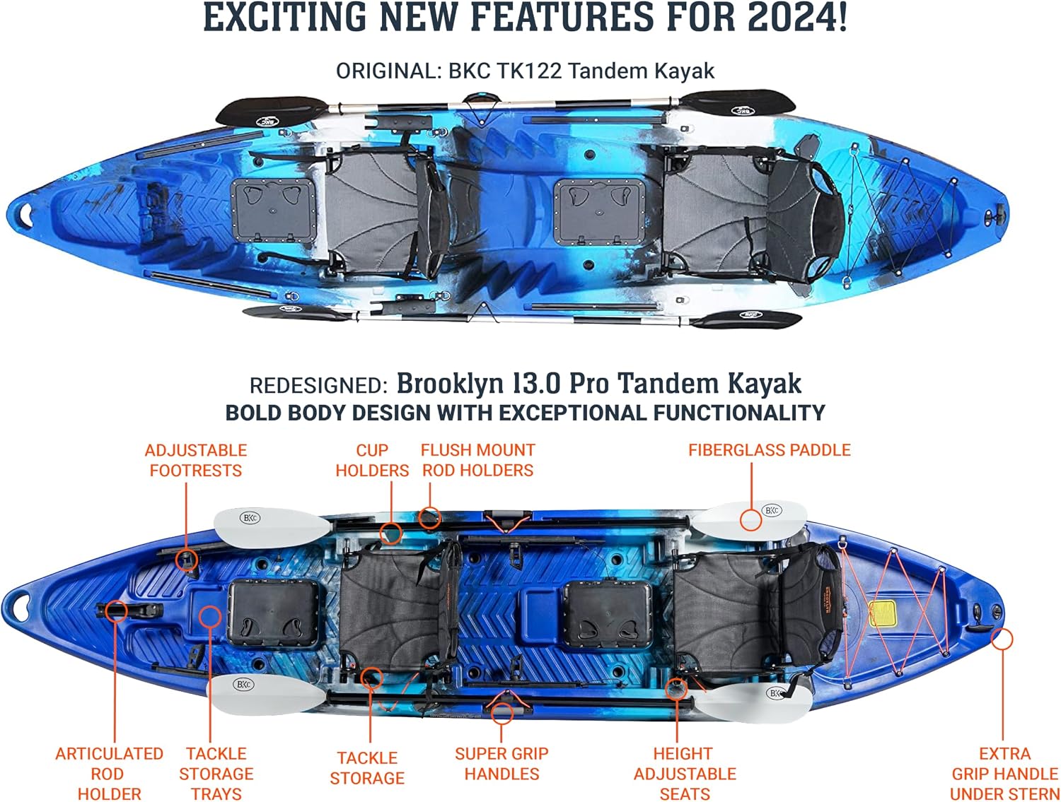 BKC Brooklyn 13.0 Pro Tandem Fishing Kayak, 2 to 3 Person | 800 lb capacity, adjustable frame seats, large dry storage, rod holders, stable wide hull, tandem or solo paddling