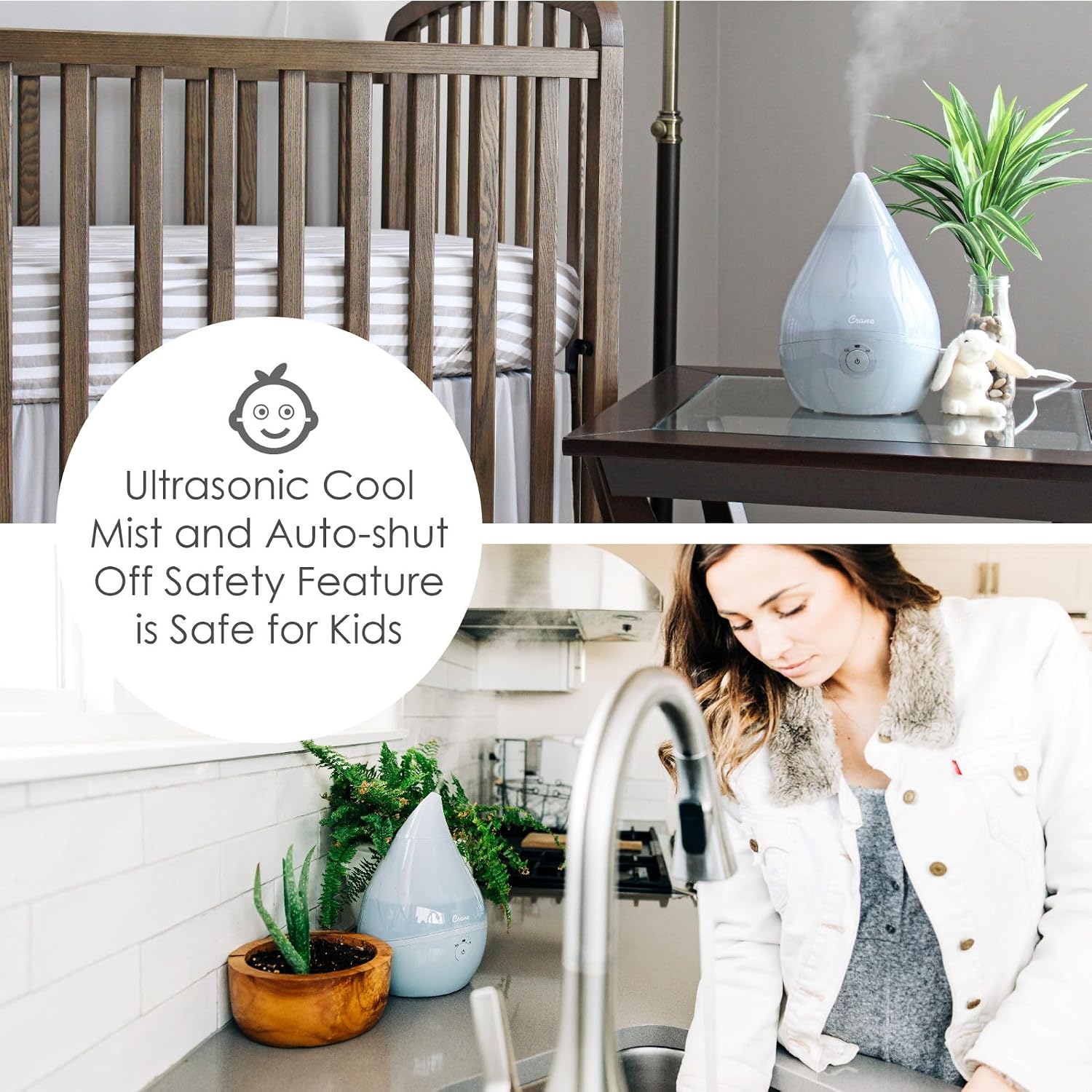 Crane Droplet Ultrasonic Small Air Humidifiers for Bedroom and Office, 0.5 Gallon Cool Mist Humidifier for Plants and Home, Humidifier Filters Optional, Blue and White