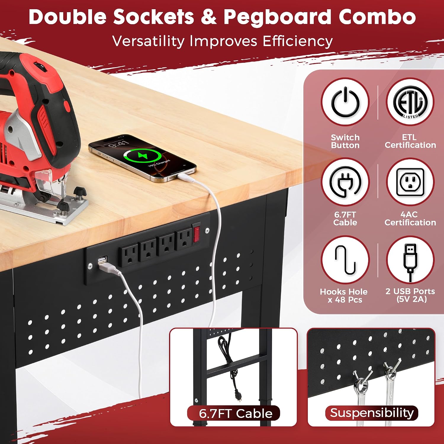 48" Adjustable Rubberwood Workbench with Foldable Extension Board & Power Outlet, Extra Large 48x32In 9-Level Height 27"-37", 2000 LBS Heavy Duty for Workshop Garage Office Home