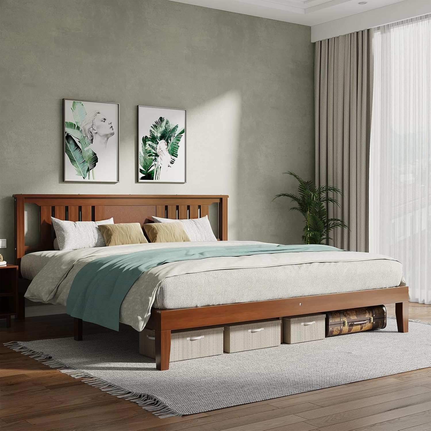 Solid Wood Bed Frame, Queen Size Platform Bed Frame with Headboard, Sturdy Wood Slat Support, Heavy Duty, No Box Spring Needed, Noise-Free, Easy Assembly