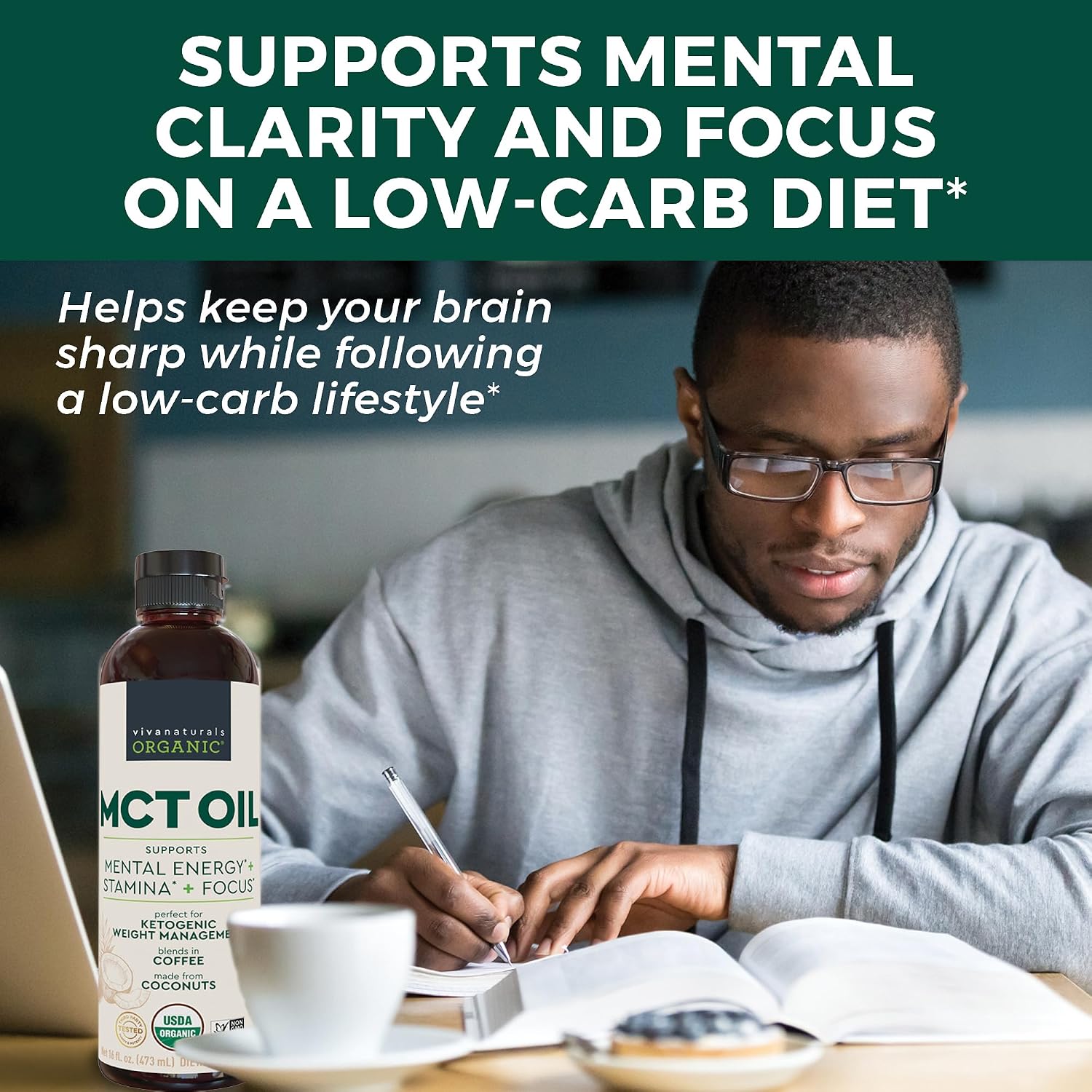 Viva Naturals Organic MCT Oil, 32 fl oz – MCT Oil for Coffee, USDA Organic, Non-GMO, Paleo Certified & Keto Friendly, Supports Energy & Mental Clarity