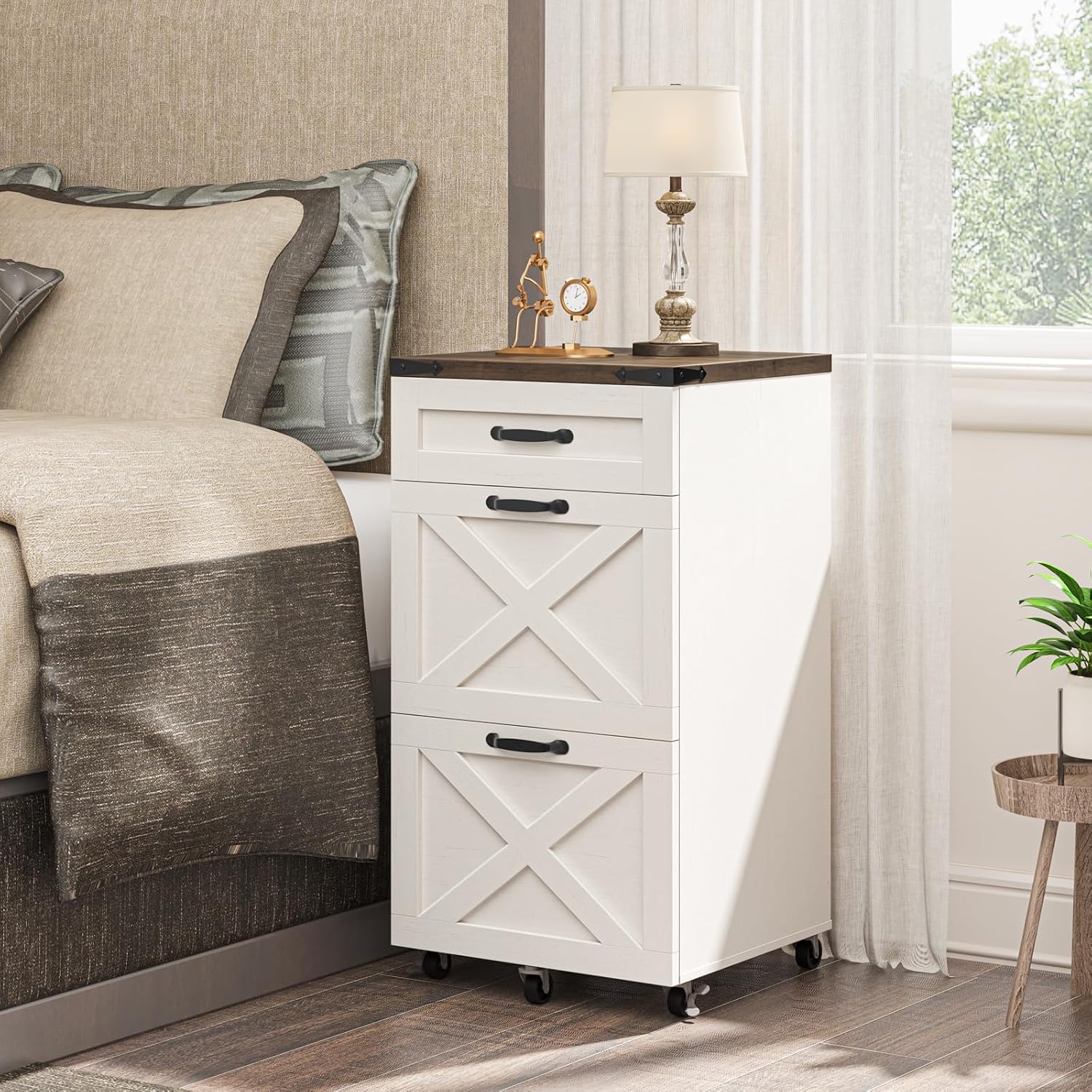 3 Drawers Tall Farmhouse File Cabinet with Wheels for Home Office, Black | Halitaa Vertical Filing Cabinet Fits Letter/A4 Size, Rolling File Cabinet Wooden Printer Stand for Home Office