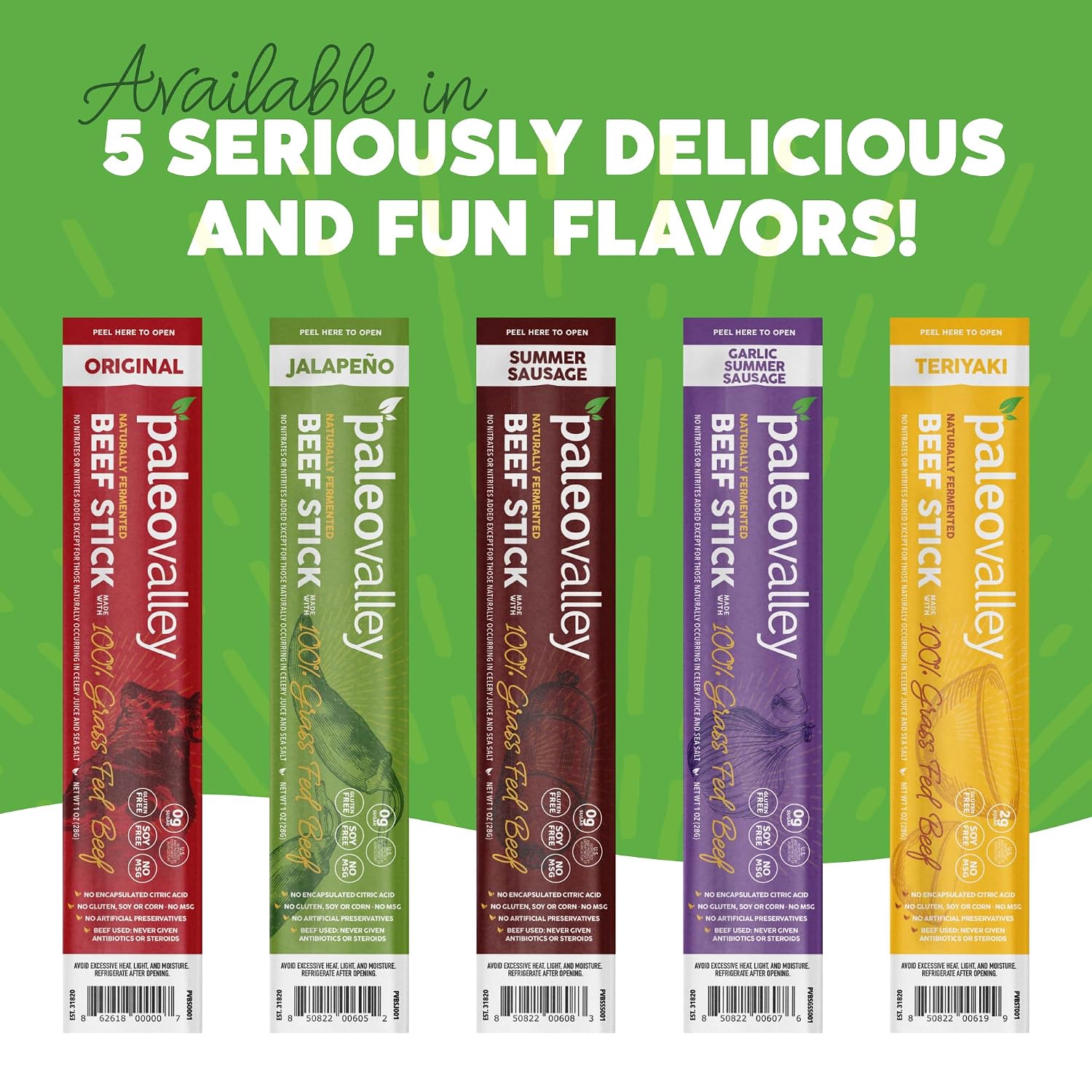 Paleovalley 100% Grass Fed Beef Sticks, Protein Snacks, Original | 10 Count, Individually Wrapped, Naturally Fermented, Gluten Free, Keto and Paleo, Made With Simple Ingredients, 6g Protein