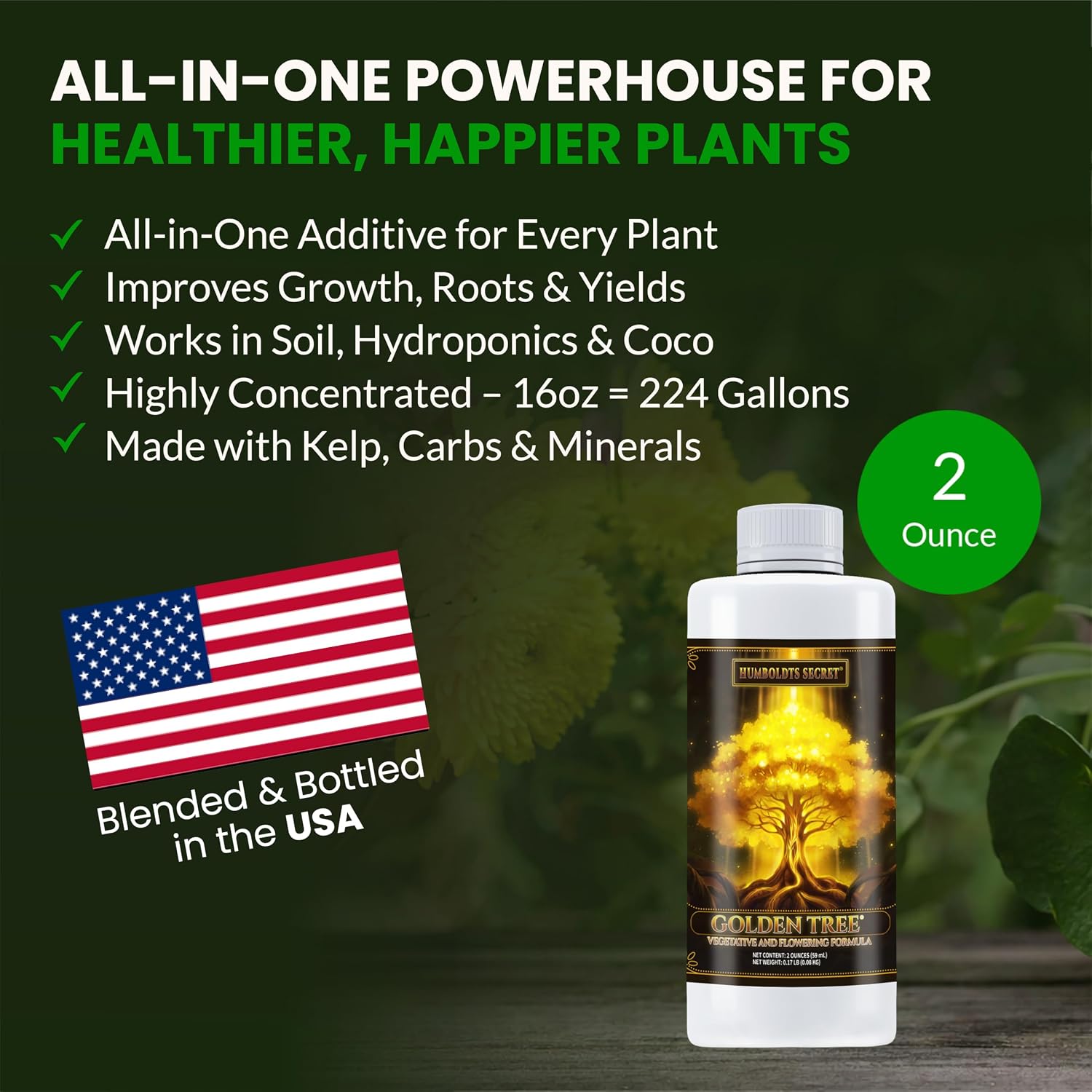 Humboldts Secret Golden Tree Liquid Plant Food | Enhances Growth Indoors or Outdoors | All-in-One Plant Nutrients for Vegetables, Trees, Flowers, Fruits, Roses, Lawns, Tomatoes | 16 Ounce