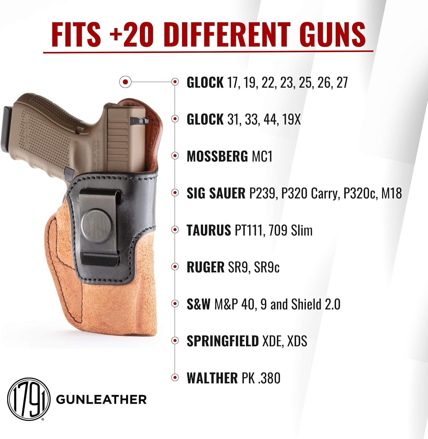 1791 Gunleather Rigid IWB Holster Fits Glock 19, 19X, 17, 22, 23, 26, 27 | Right-handed holster also fits S&W Shield 2.0, Ruger SR9c, Sig P320c, P239, M18, Springfield XDS, CZ P10S, Glock 31, 33, 44