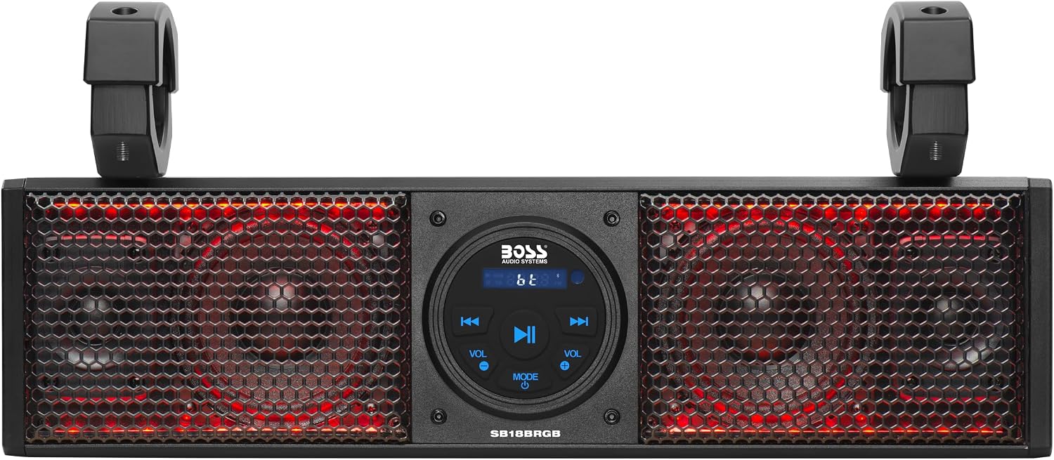 BOSS Audio Systems BRT26RGB IPX5 Weatherproof Bluetooth ATV Sound Bar - 26 Inches Wide, 4 inch Speakers, Tweeters, Amplified, Multicolor Illumination