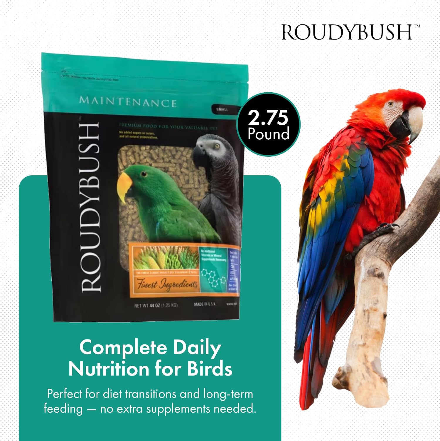 RoudyBush Daily Maintenance Food for Birds - Scientifically Formulated Bird Feed - Bird Food Pellets w/Corn, Wheat, Soy & More - Nutritious & Healthy Feed for Birds (Mini, 44oz)