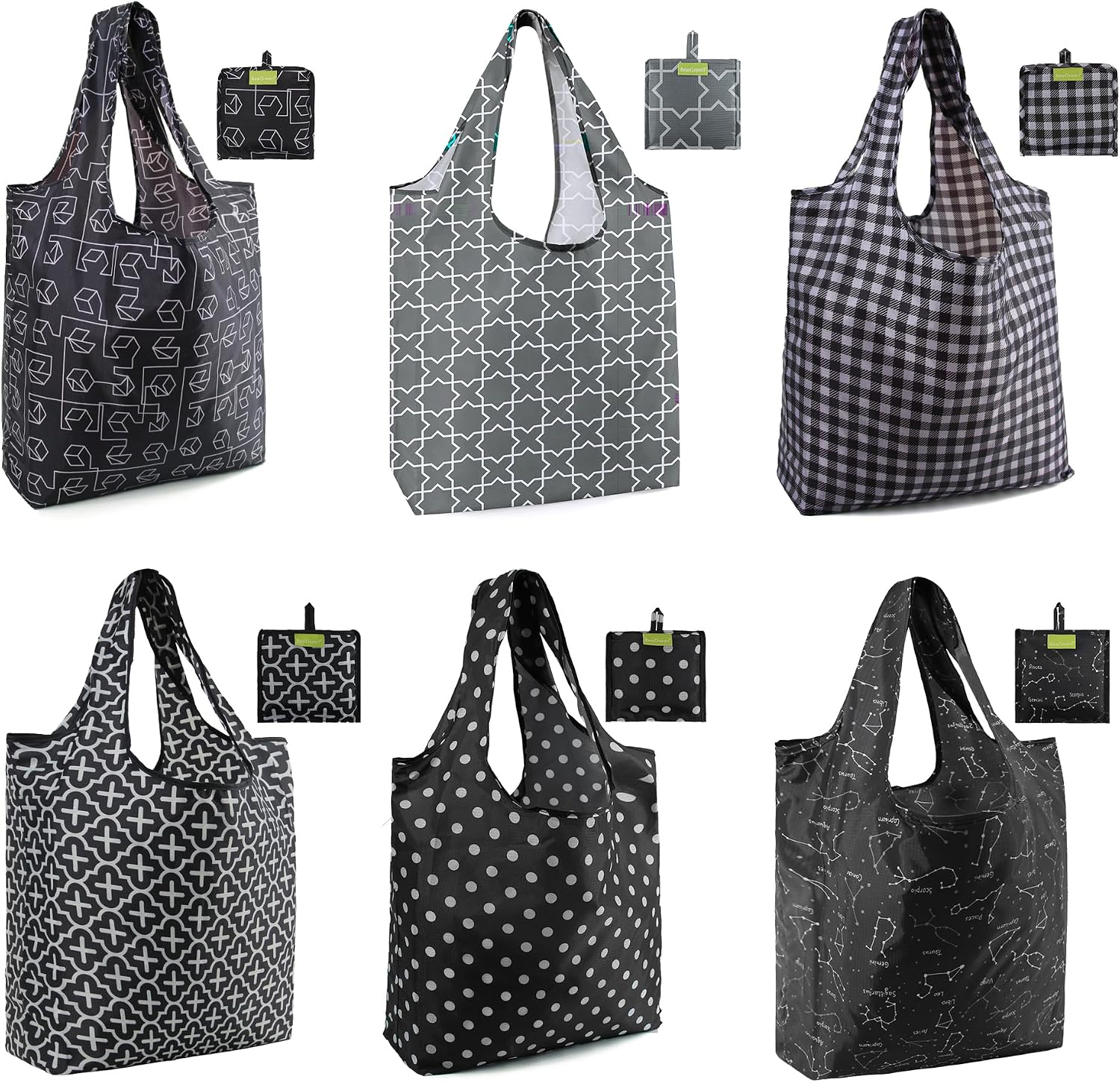 BeeGreen Grocery Bags | Reusable Gift Bags, Large Tote for Women & Foldable Beach Bag - 6 Pack Reusable Bag With Handles | Collapsible Cute Cloth Storage for Market, Holiday & Shopping | Washable​