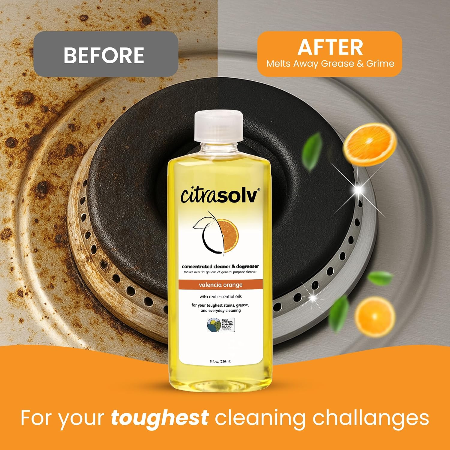 Citra Solv Concentrated Cleaner & Degreaser, Deodorizer, Home & Outdoor, Adhesive Remover, Paint Thinner, Natural Orange Oil, Valencia Orange 8 Fl Oz