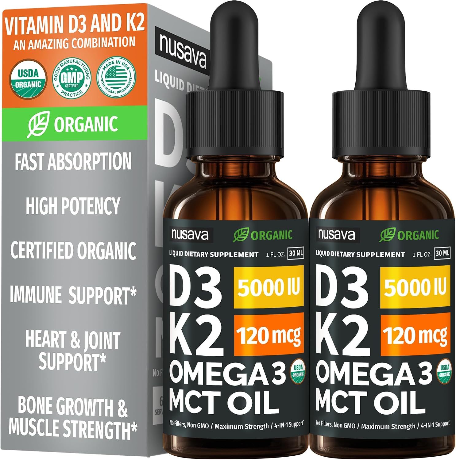 Nusava Organic Vitamin D3 K2 Drops with MCT Oil, Unflavored, Pack of 2