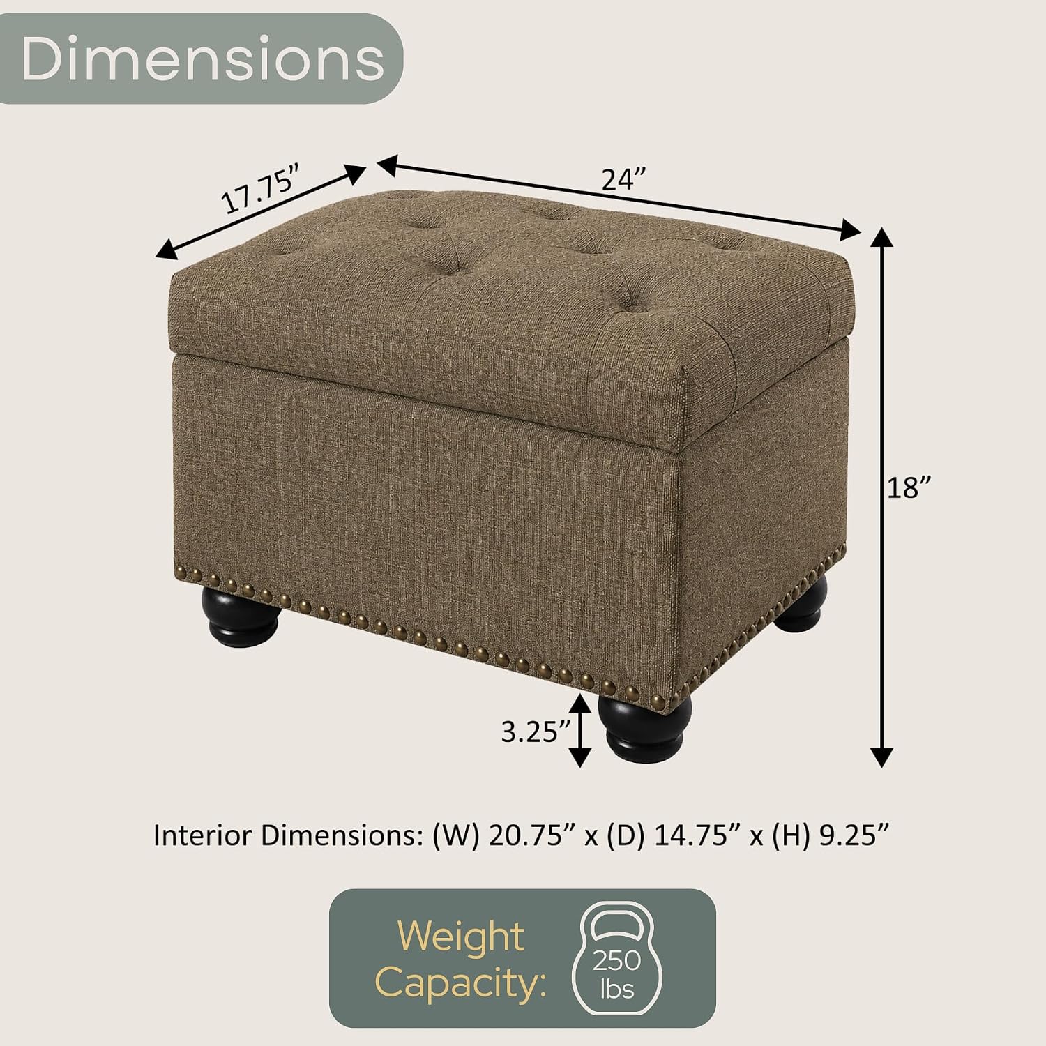 Convenience Concepts Designs4Comfort 5th Avenue Storage Ottoman 24" - Contemporary Foot Stool and Seat with Hinged Lid for Living Room, Dining Room, Office, Den, Espresso Faux Leather