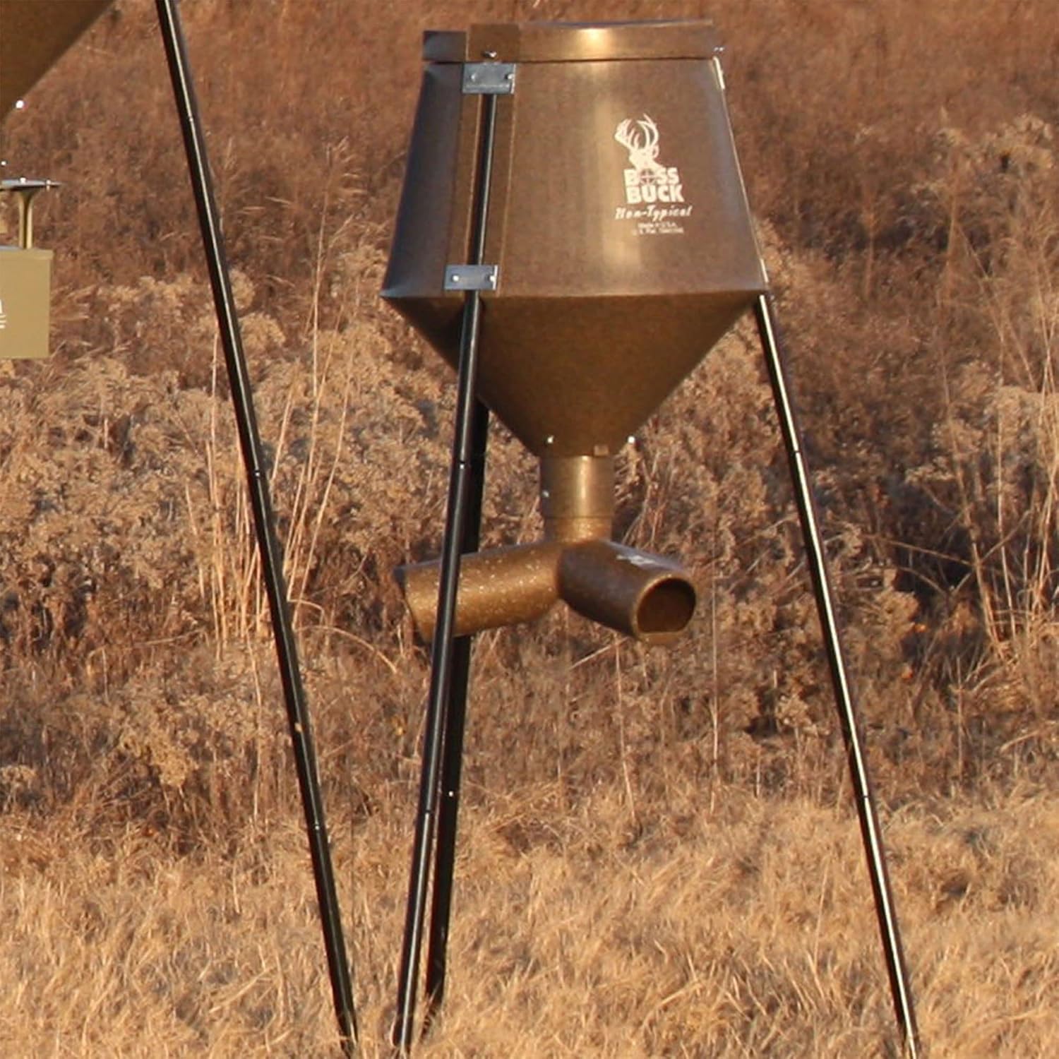 BOSS BUCK 350 LB Deer Feeder/Hunting Durable Lightweight Plastic UV Protected Windproof Waterproof Gravity Feed with Protein 3 Feed Tubes Head, Multi-Piece Round Legs | Protein 3 feed tubes head, Multi-Piece round legs