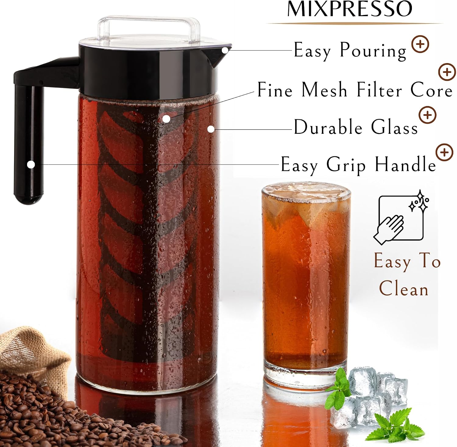 Mixpresso Cold Brew Coffee Maker, 44 Oz Glass Cold Brew Pitcher with Filter | Iced Coffee & Tea Maker with Reusable Mesh Filter