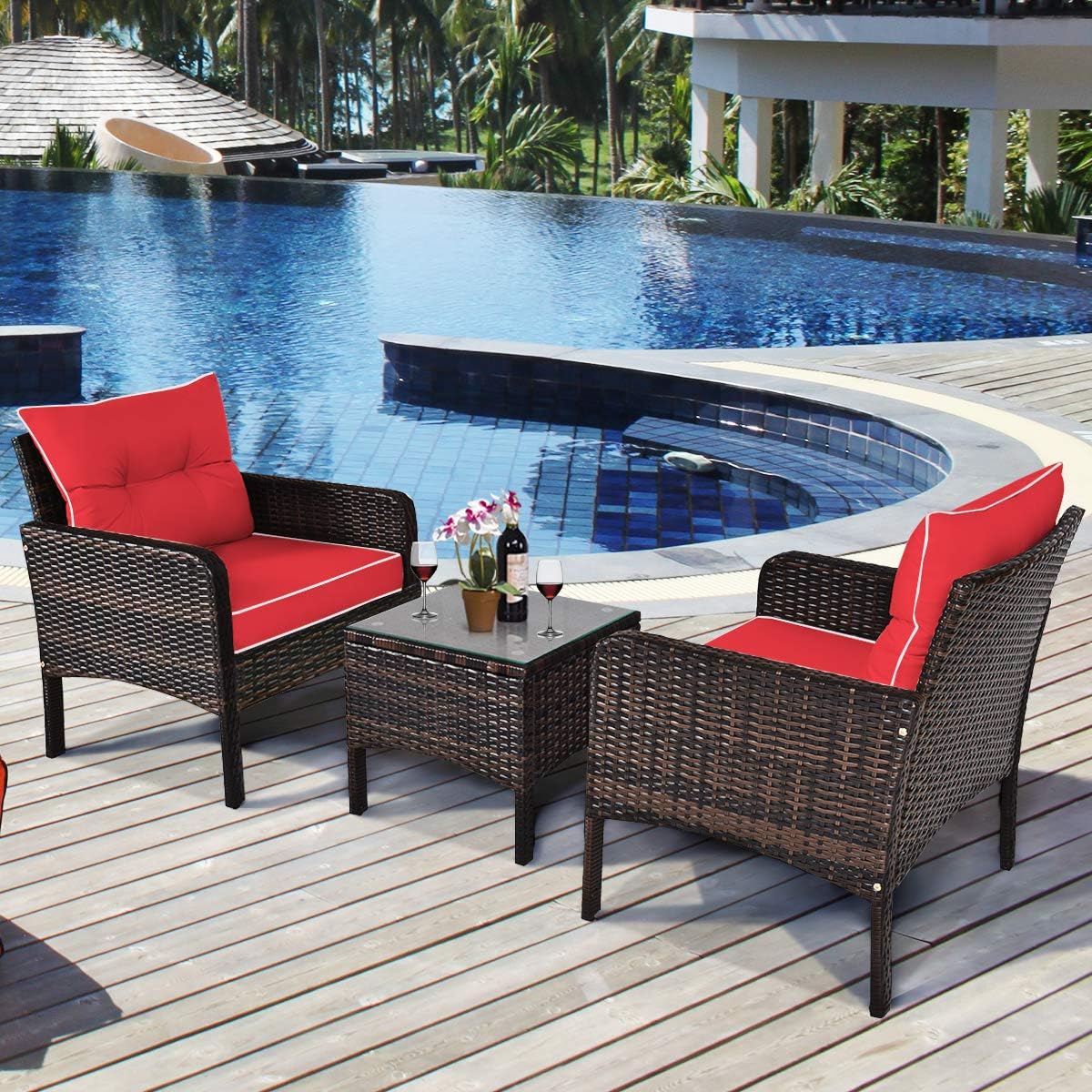Tangkula 3 Piece Outdoor Patio Furniture Set, Wicker Chairs Set with Glass Top Coffee Table, Thick Cushions