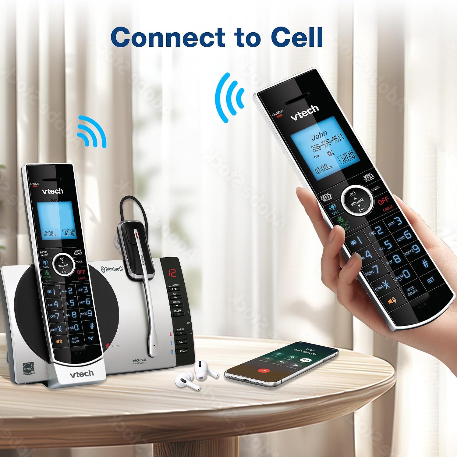 VTech DS6771-3 Connect to Cell, Cordless Phone with Answering Machine, DECT 6.0 Headset+2 Handset Intercom, Bluetooth, Caller ID/Call Waiting, Expandable System - Silver/Black