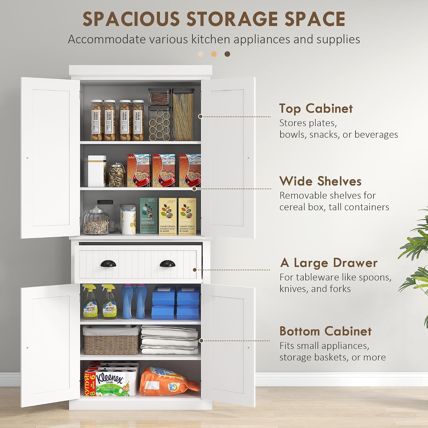 HOMCOM 72" Kitchen Pantry Cabinet Freestanding Tall Storage Cabinet White | Traditional Kitchen Pantry, 4 Doors, Drawer, 3 Adjustable Shelves, for Dining Room