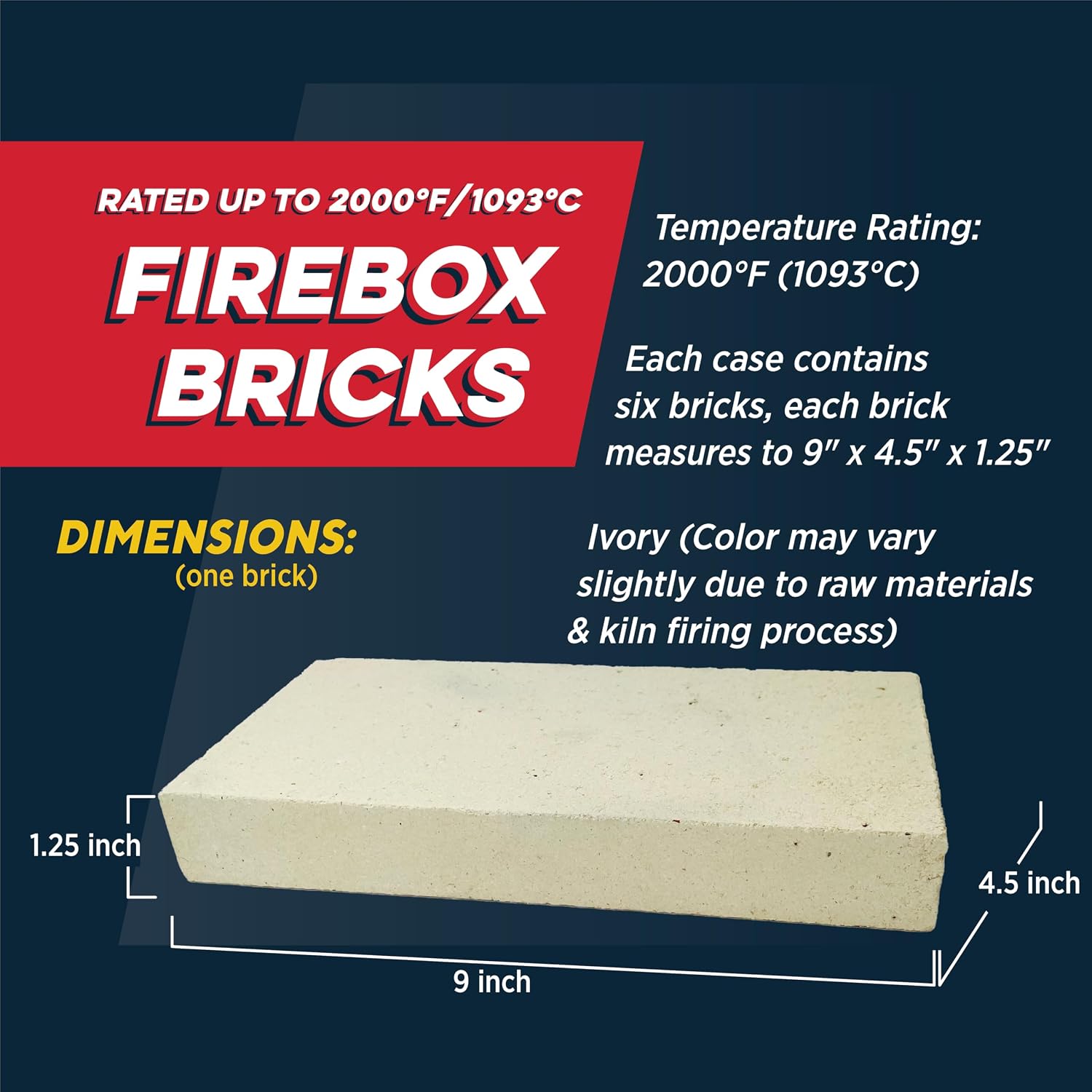 Rutland Fire Bricks, Properly Cured High Temperature FireBrick, USA-Made Residential Fire Clay Replacement for Wood Stove, Fireplace, & Pizza Oven, Size 9" x 4.5" x 1.25", 6-Pack, Tan