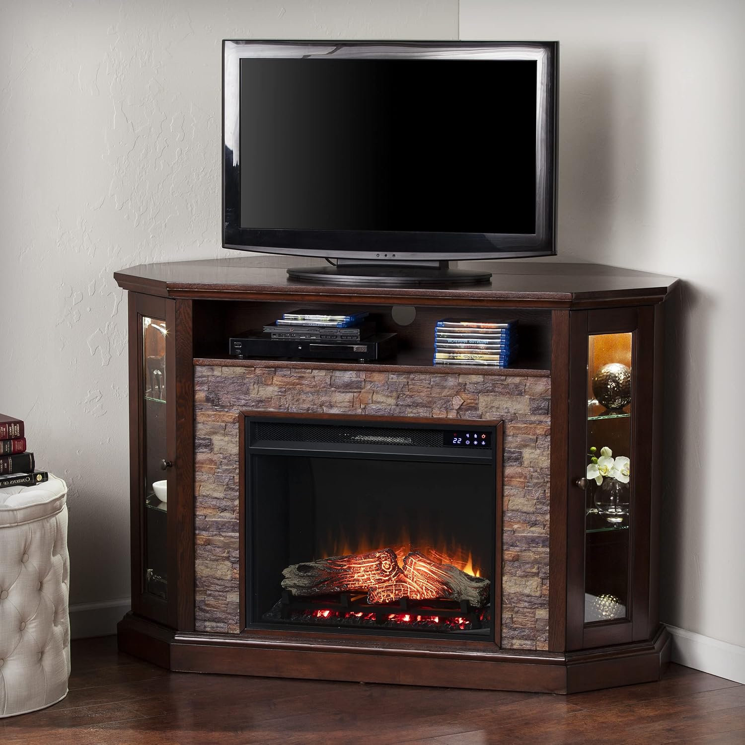SEI Furniture - Redden Corner-Convertible Electric Fireplace with Touch Screen - Espresso - Transitional Design