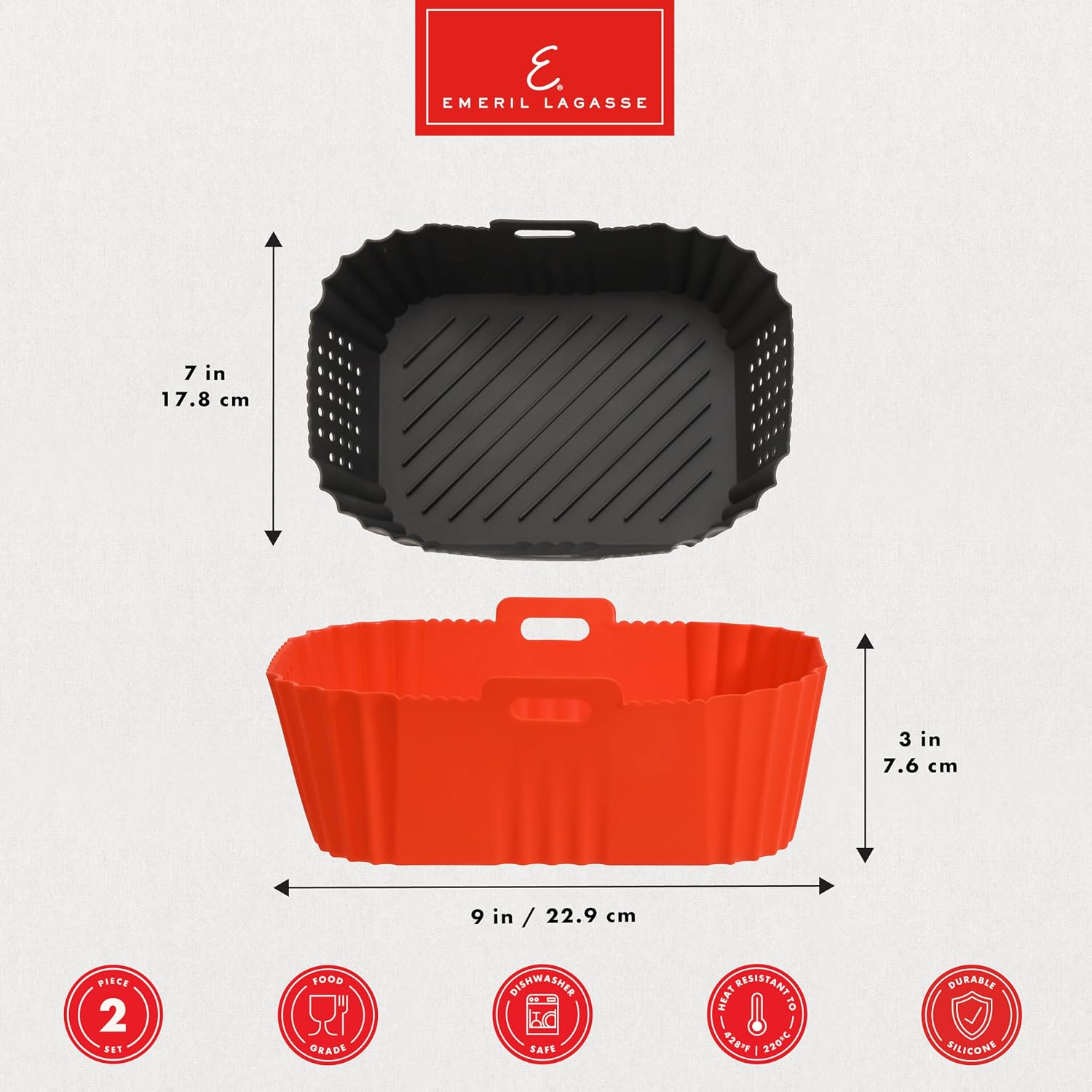 Reusable Silicone Air Fryer Liners for Emeril Lagasse Air Fryer Oven – Non-Stick Reusable Air Fryer Basket Liners – Dishwasher Safe – 9 x 7 x 3 Inch – 2 Pack – Black