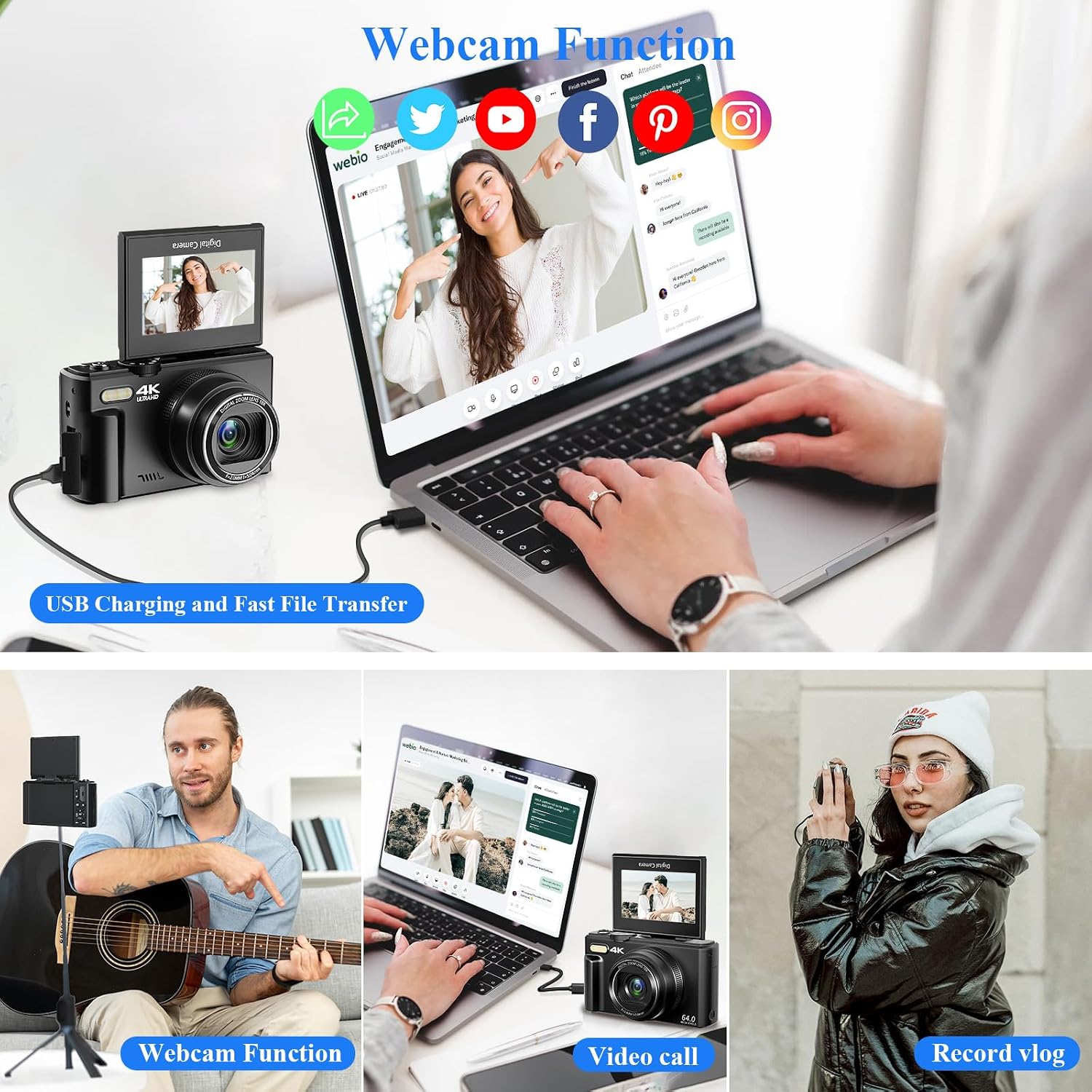 4K Digital Camera for Photography, 64MP Vlogging Camera for YouTube, WiFi Vlog Cameras with 18X Digital Zoom, 3'' Flip Screen and 32GB TF Card, Pink