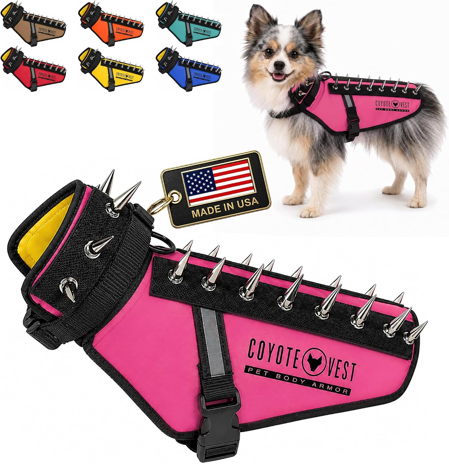 CoyoteVest Stab-Resistant Dog Harness, Made in USA, X-Small, Neon Pink | Stab-resistant Vest Helps Protect Small Dogs From Coyotes, Aggressive Dogs and Birds of Prey, with Removable Spikes