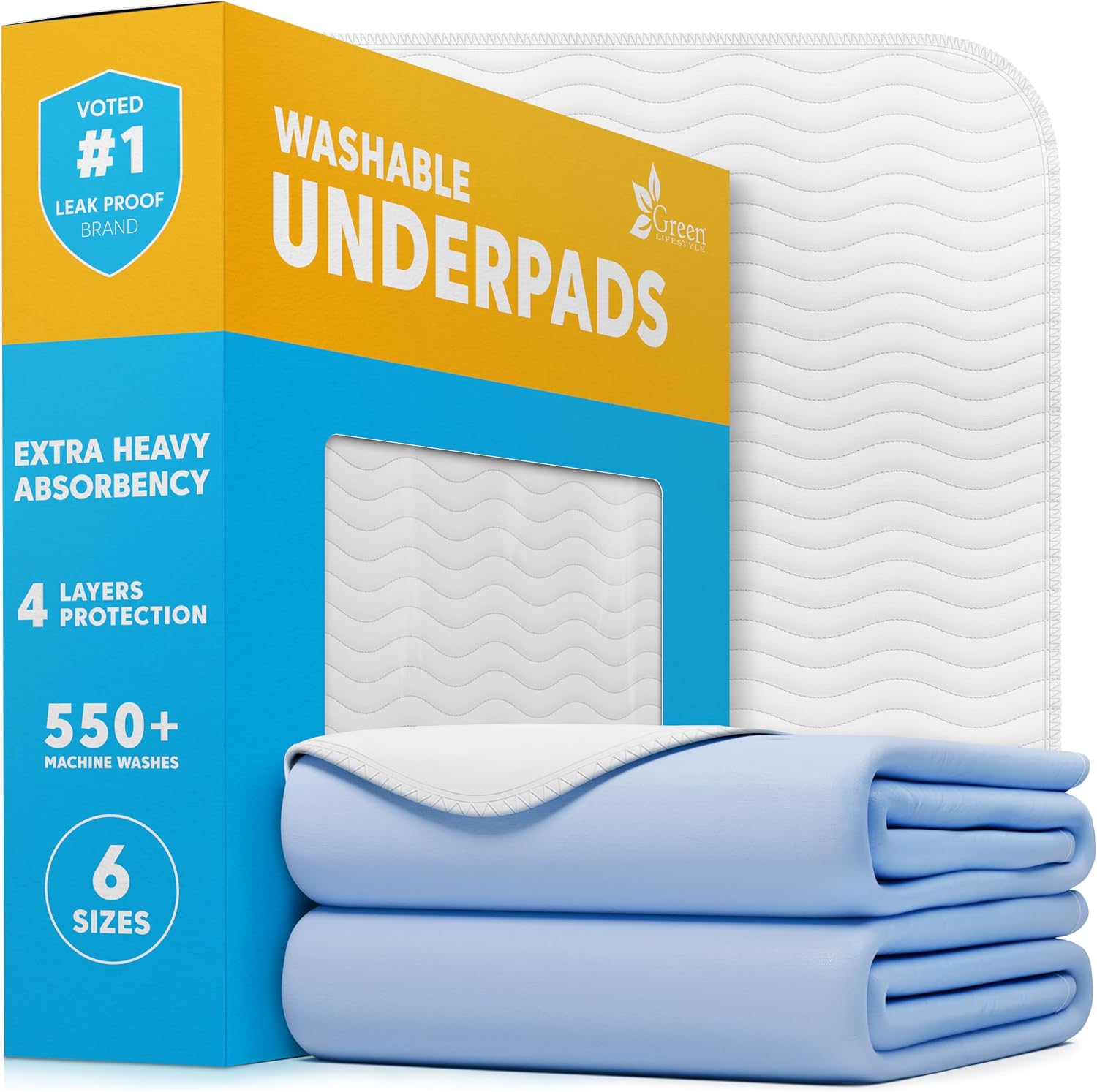 GREEN LIFESTYLE Washable Underpads - Large Pads for use as Incontinence Bed Pads, Reusable Pet Pads, Great for Dogs, Cats, Bunny