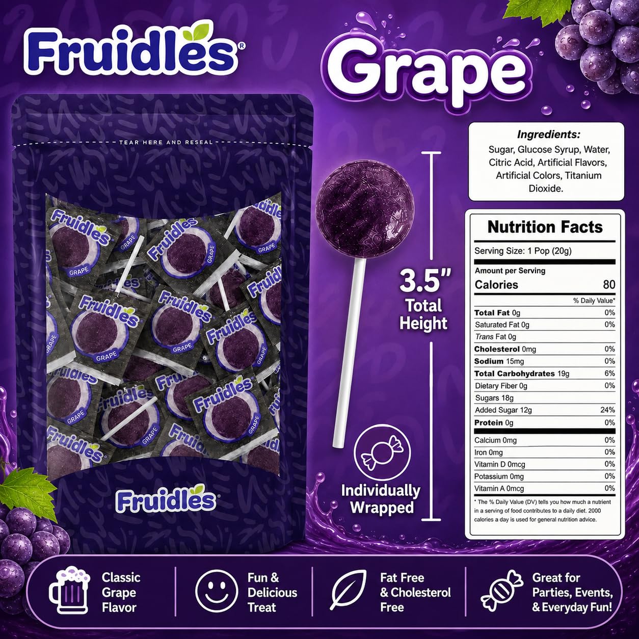 20-Count Grape Lollipops Candy Suckers for Kids, Perfect for Gifting, Parties, Events,10 Gram Lollipops