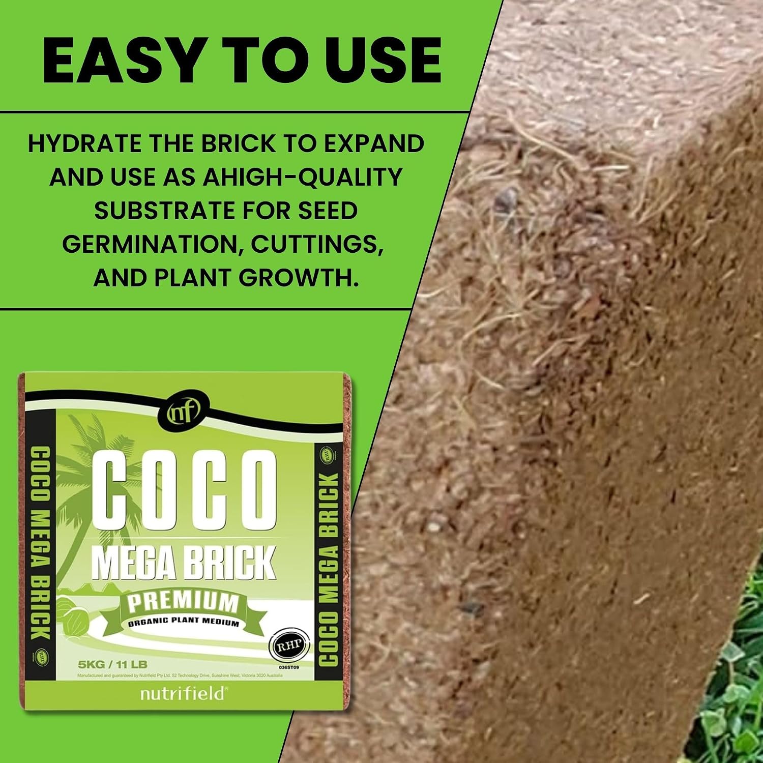Coco Mega Brick 5kg | Compressed Coconut Coir Block Expands to 55L | Premium Quality Hydroponic Growing Medium, Pre-Buffered