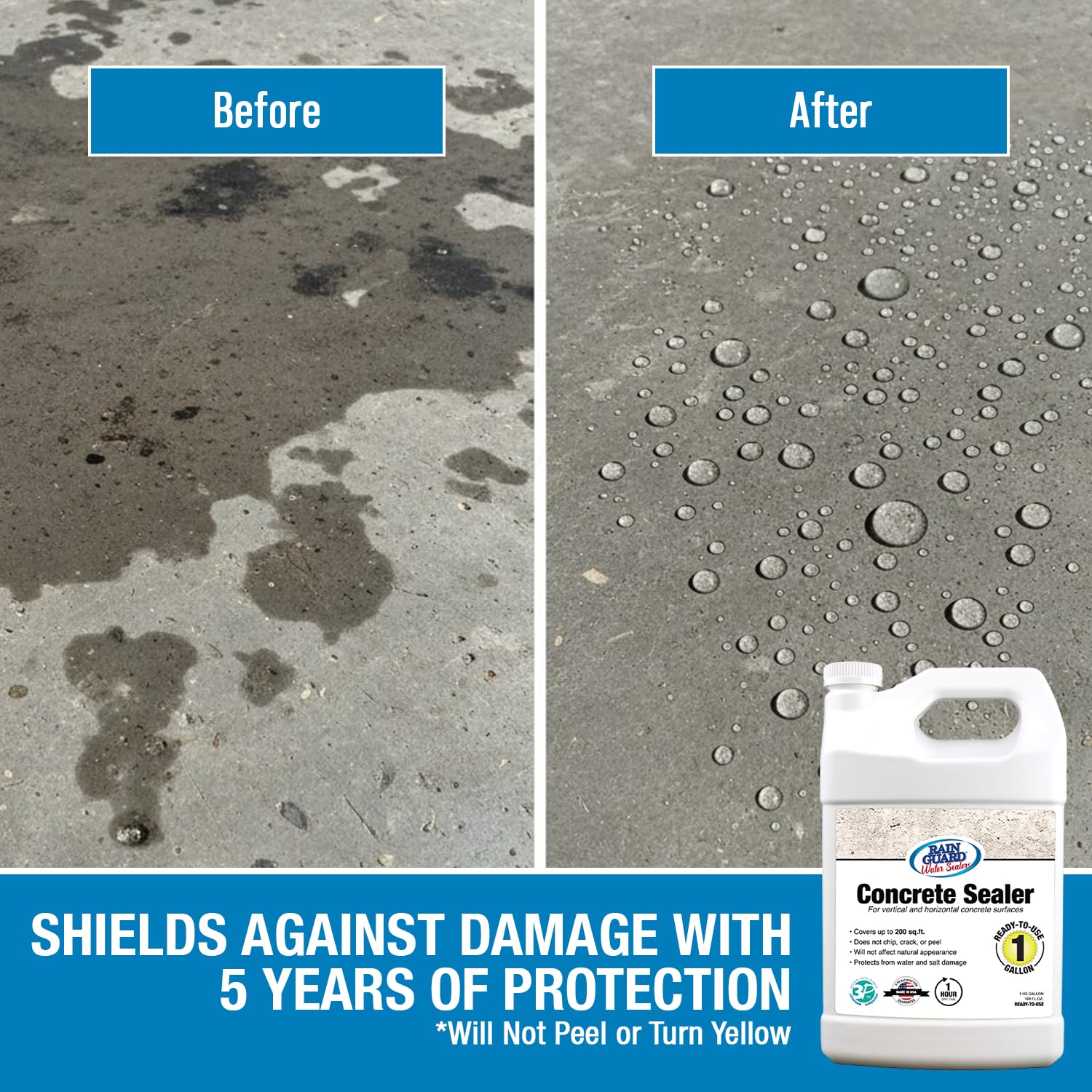 Rain Guard Concrete Sealer 5 Gallon | Ready to Use | Natural Finish | Deep Penetrating Protection Against Water and Salt Damage for All Concrete Surfaces | Silane/Siloxane Waterproofer | Ready To Use, Natural Finish, Clear, Deep Penetrating Protection Ag…