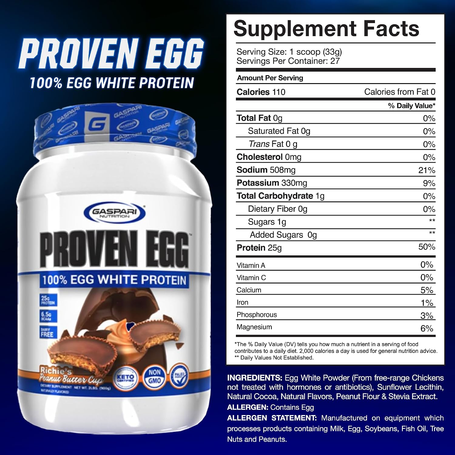 Gaspari Nutrition Proven Egg White Protein Powder, 25g Chocolate Protein Powder, 100% Egg White Protein, Keto Friendly, Dairy and Lactose Free, Soy Free (2 lbs, Chocolate)