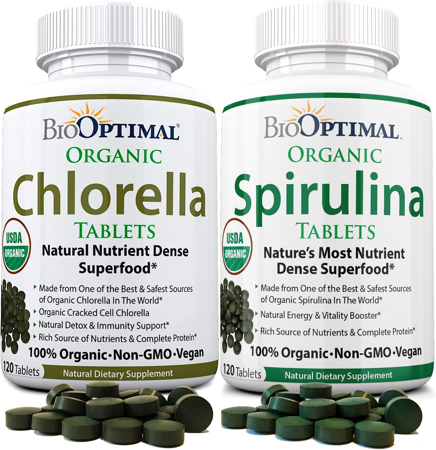 BioOptimal Chlorella Spirulina - Bundle - Organic Chorella Tablets & Organic Spirulina Tablets, 120 Count Each