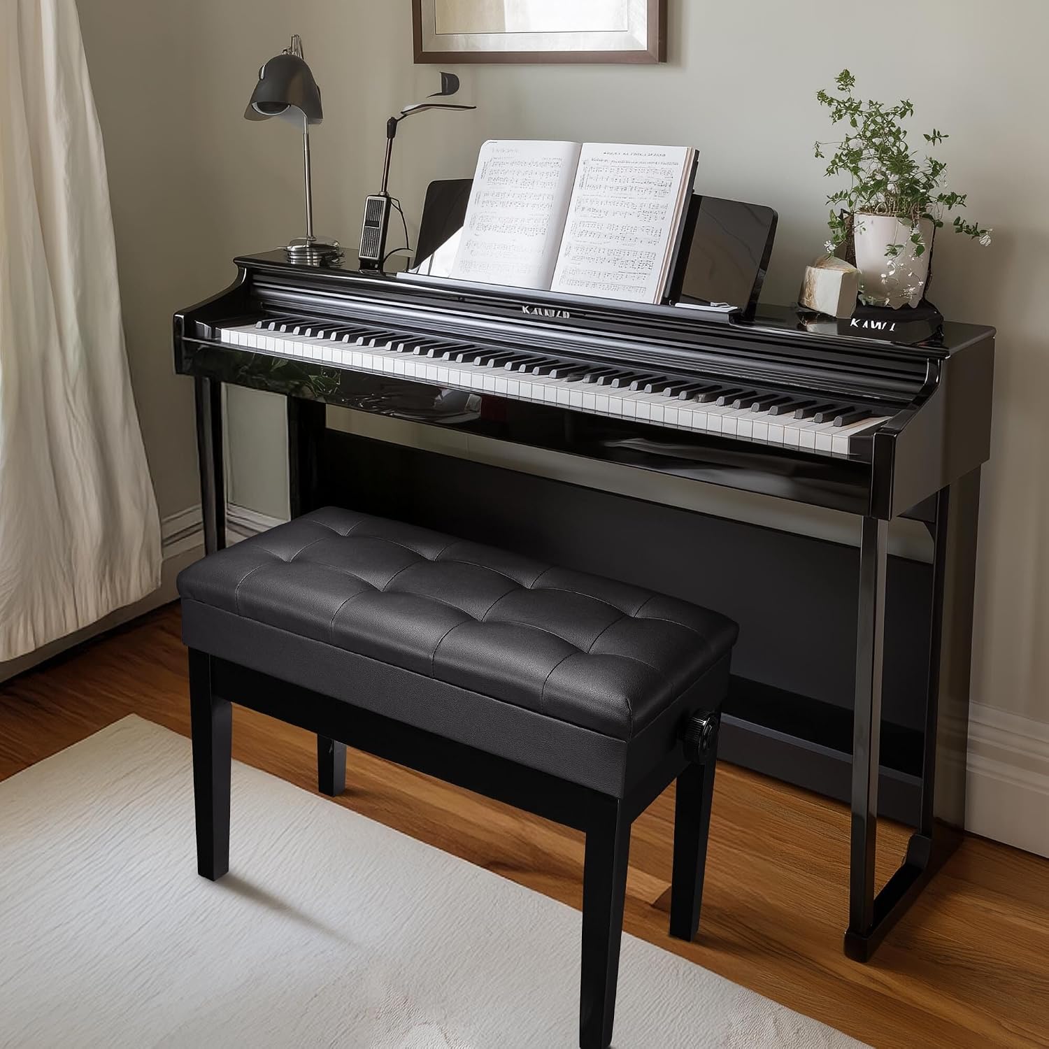AW Adjustable Piano Bench with Storage Brown Wooden Keyboard Stool Seat | Leather Cushion Paino Chair for Piano Shop Music School Studio Capacity 400lbs