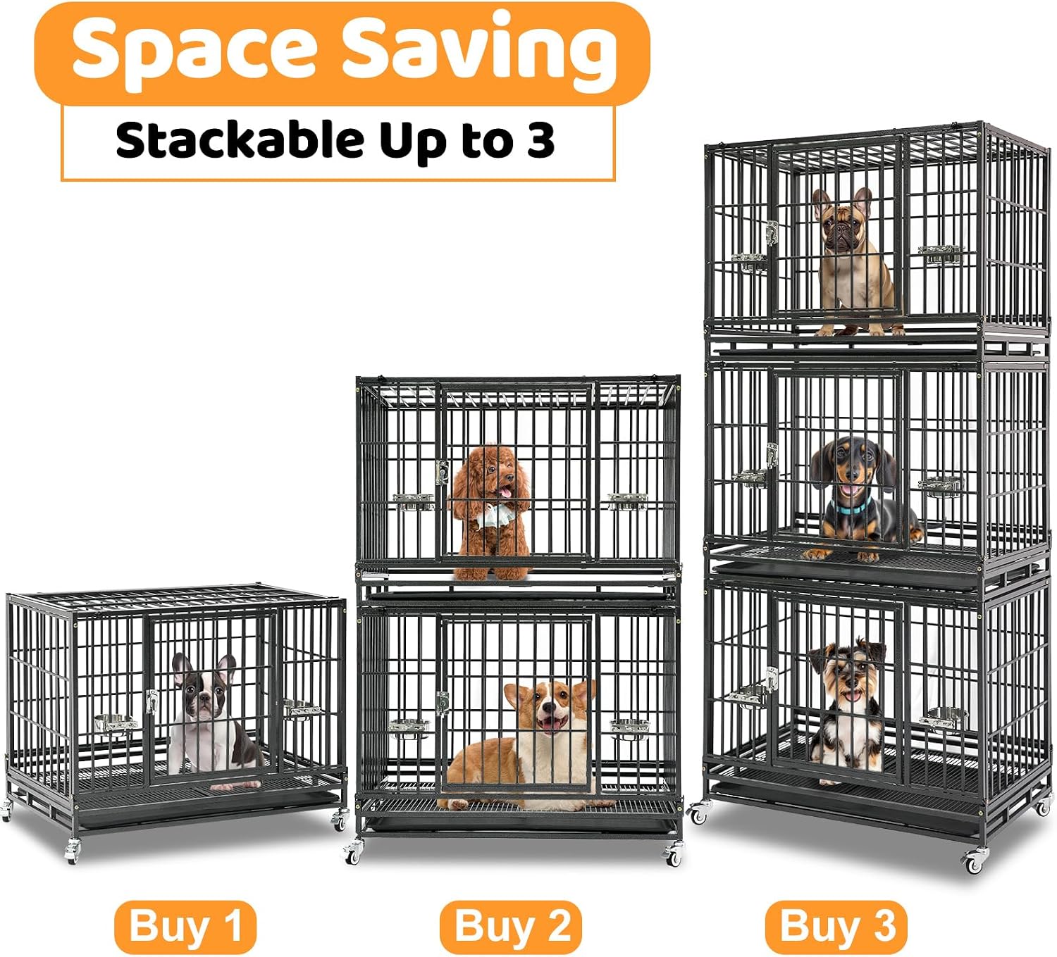 Homey Pet Taller 43" Heavy Duty Double Dog Crates with Divider & Dual Door | Drop Cage for Dogs with Lockable Wheels, Bowls, Removable Tray, Top Access, Ideal for Small to Medium & Large Dogs, Breeders