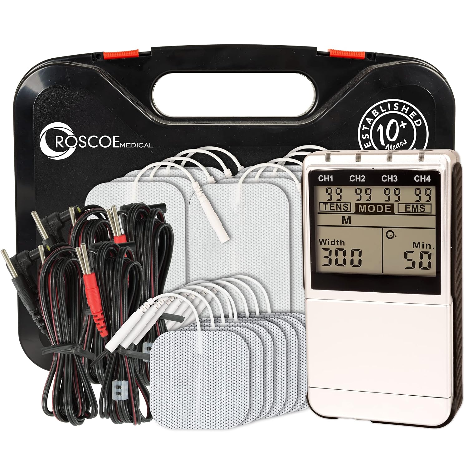 Roscoe Medical TENS Unit and EMS Muscle Stimulator – 16 Electrodes Included, 4-Channel OTC TENS Machine for Back Pain Relief, Lower Back Pain Relief