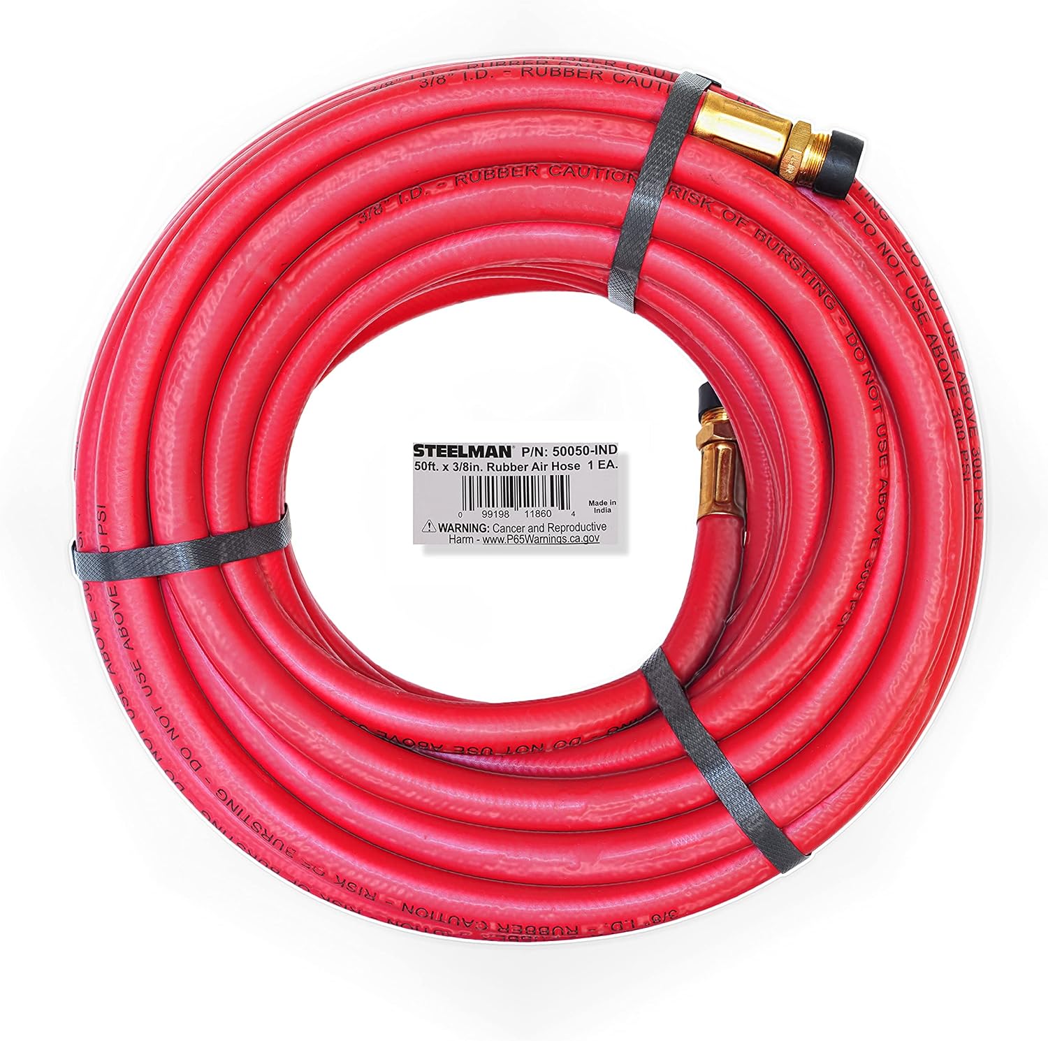 Steelman 50-Foot x 3/8-Inch ID Rubber Air Hose for Pneumatic Tools, 3/8-Inch Male NPT Brass Fittings, 300-PSI Working Pressure