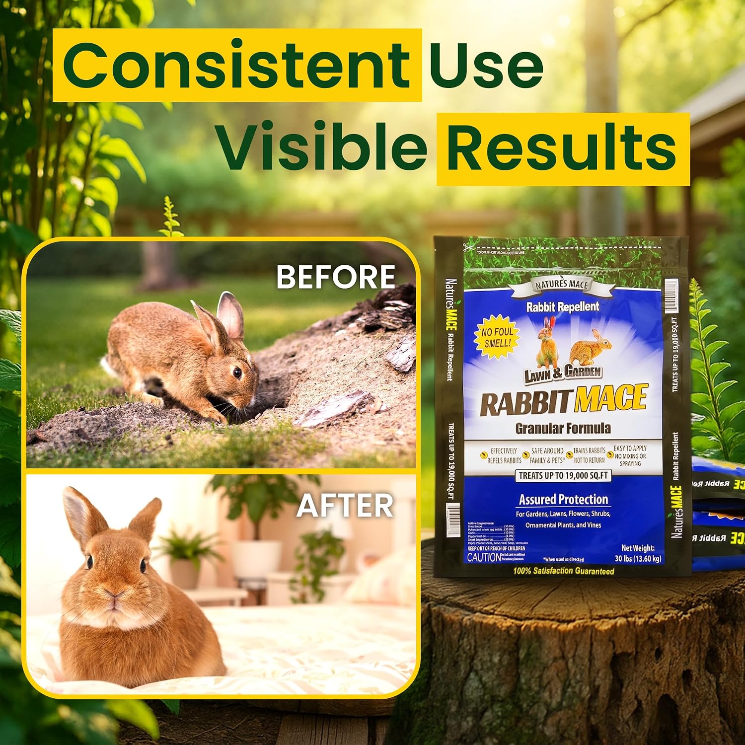Nature's MACE Rabbit Mace Rabbit Repellent 3 lb Granules | Gardens, Lawns, Farms & Landscapes, Treats 1,350 sq ft, Granular Deterrent, All-Season Use, Safe for Pets, Children, Plants.