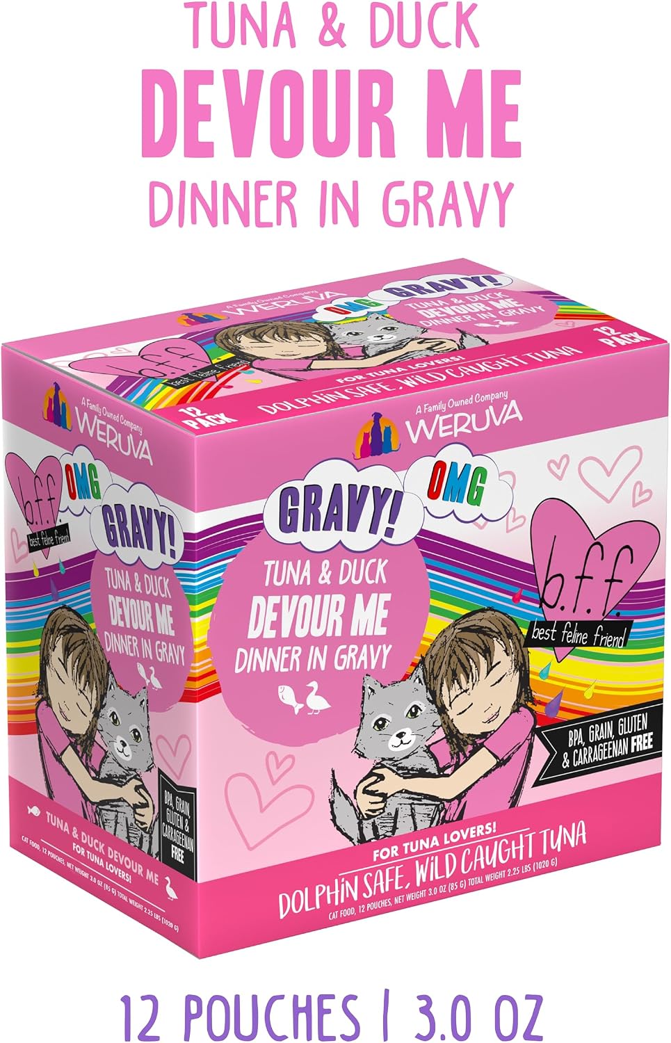 Weruva B.F.F. OMG - Best Feline Friend Oh My Gravy!, Tuna & Salmon Sweet Cheeks with Tuna & Salmon in Gravy Cat Food, 3oz Pouch (Pack of 12)
