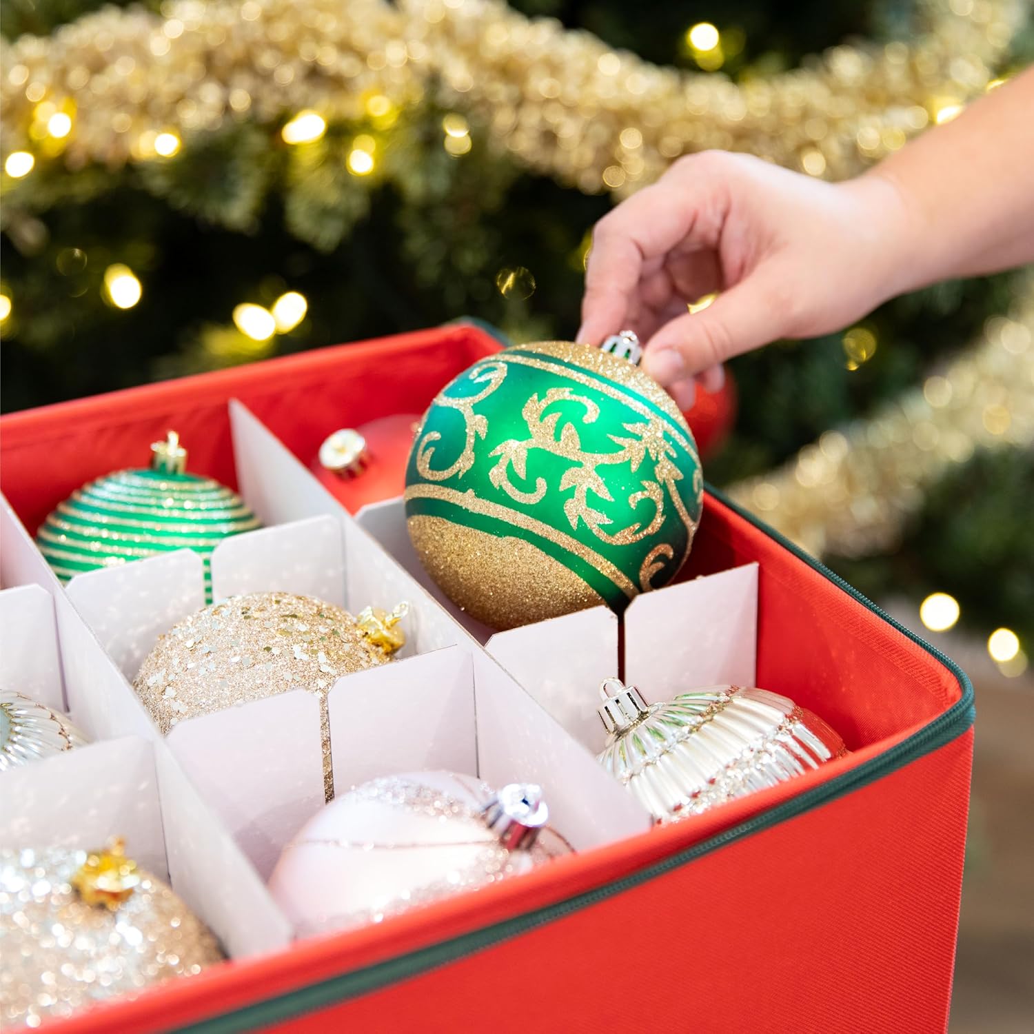 Christmas Ornament Storage Container with Dividers - Box Stores Up to 54 Ornaments, Zippered, Convenient, Adjustable